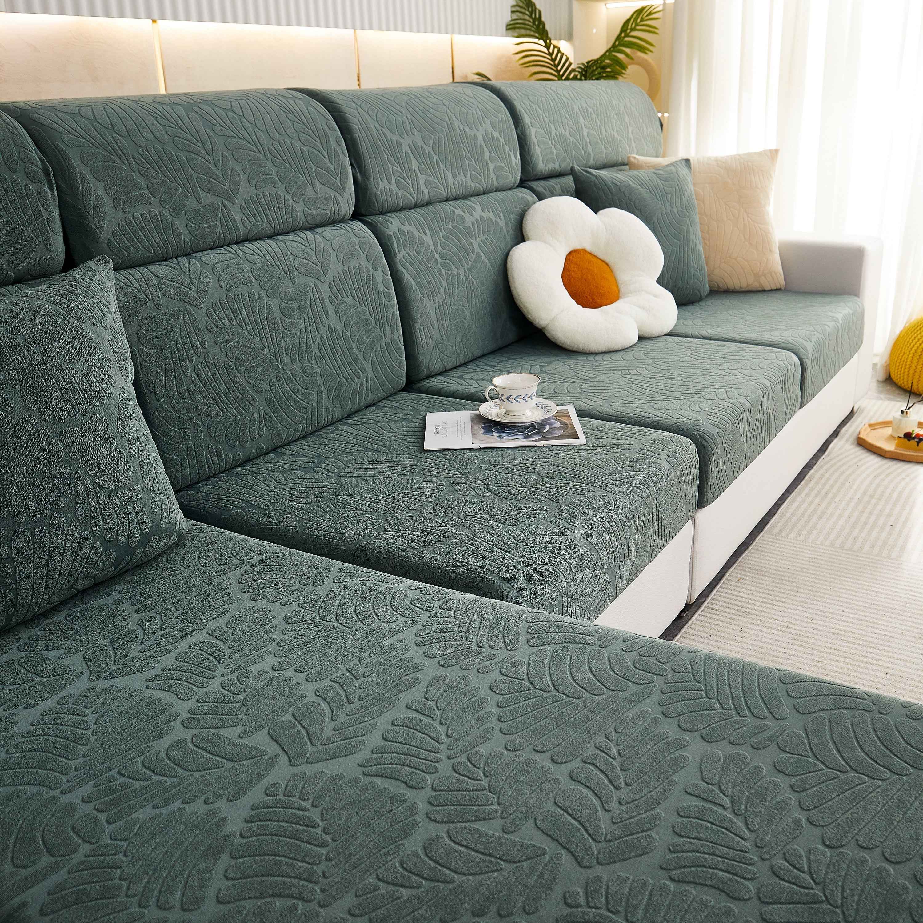 Leaf Pattern Jacquard Fabric Stretchable Cushion Cover, Non-Slip Furniture Protector for Kids, L Shaped Couch Covers
