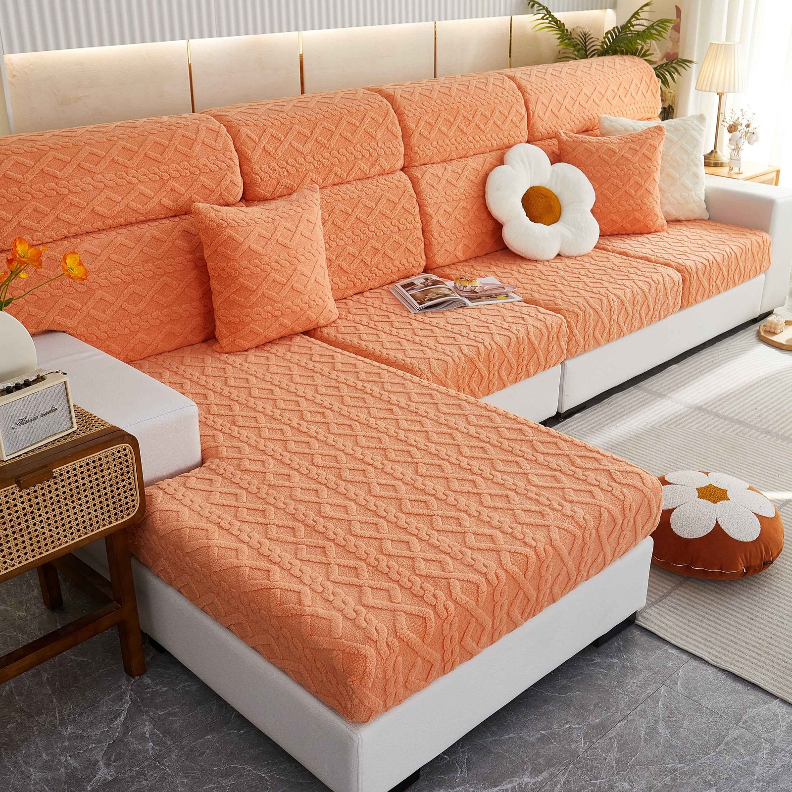 Stretchable Cotton Velvet Non-Slip Furniture Covers Couch Cushion Covers for L-Shaped Sofa, Pets