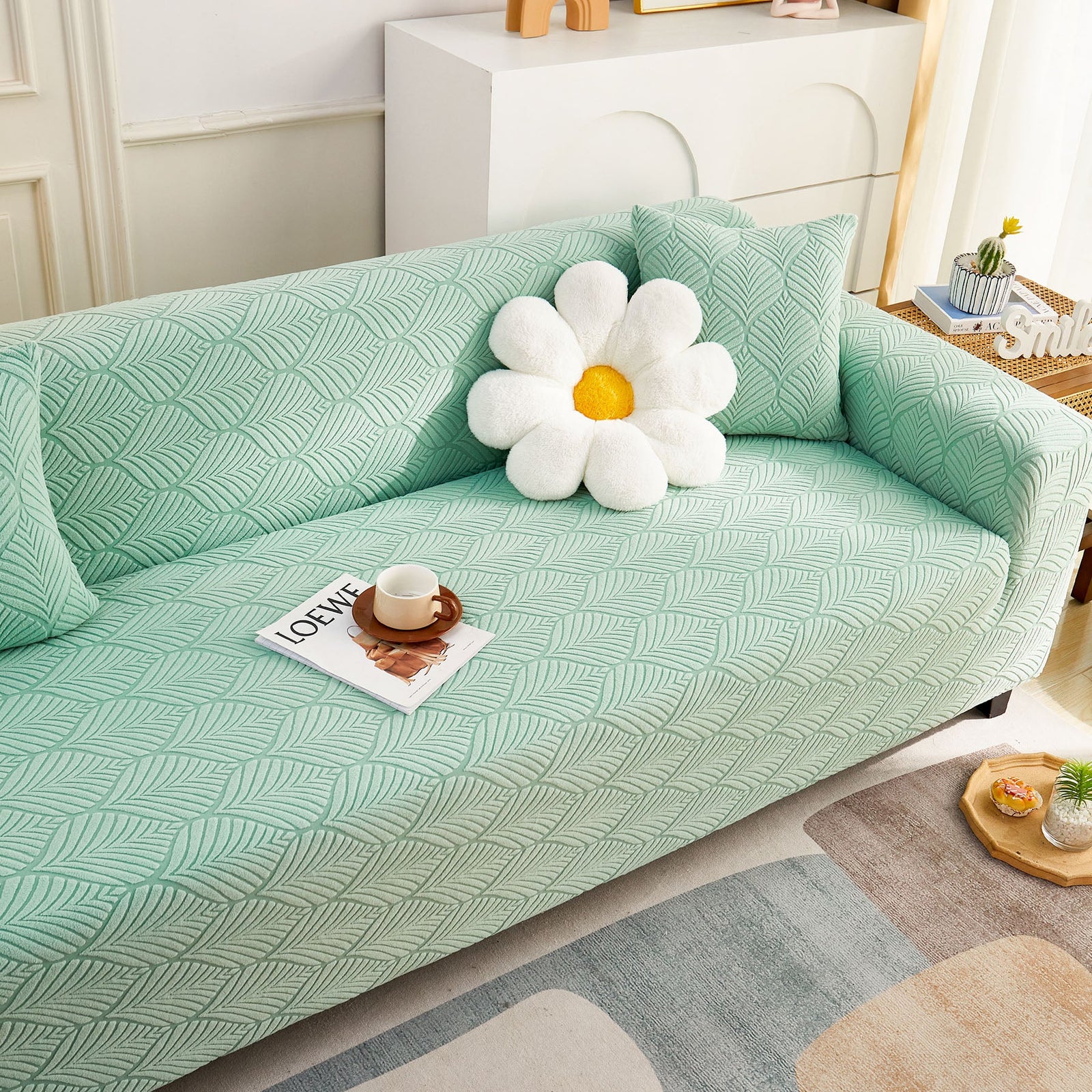 3D Leaves Jacquard Couch Slipcovers Non-Slip Cozy Stretchy Couch Covers for Sectional