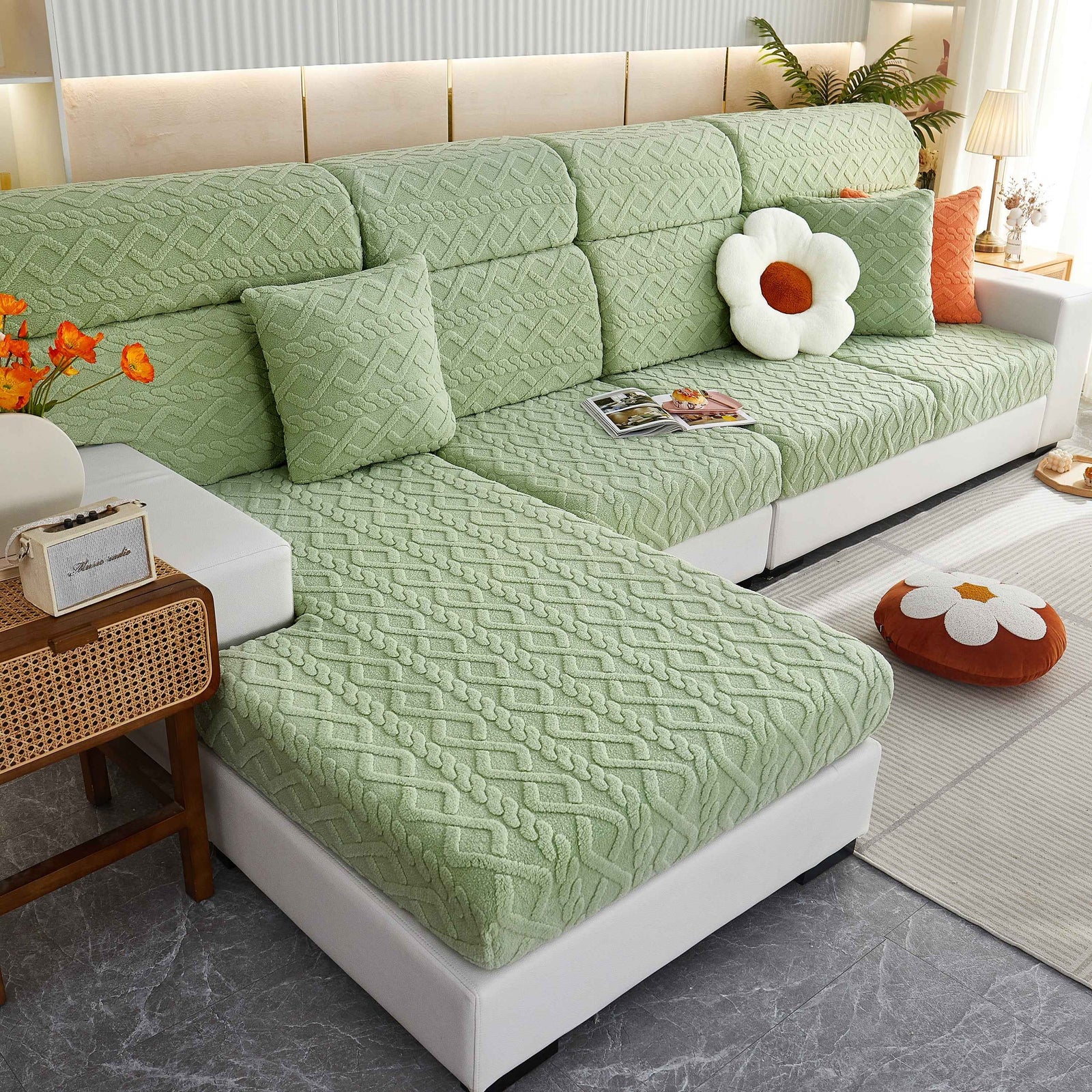 Stretchable Cotton Velvet Non-Slip Furniture Covers Couch Cushion Covers for L-Shaped Sofa, Pets