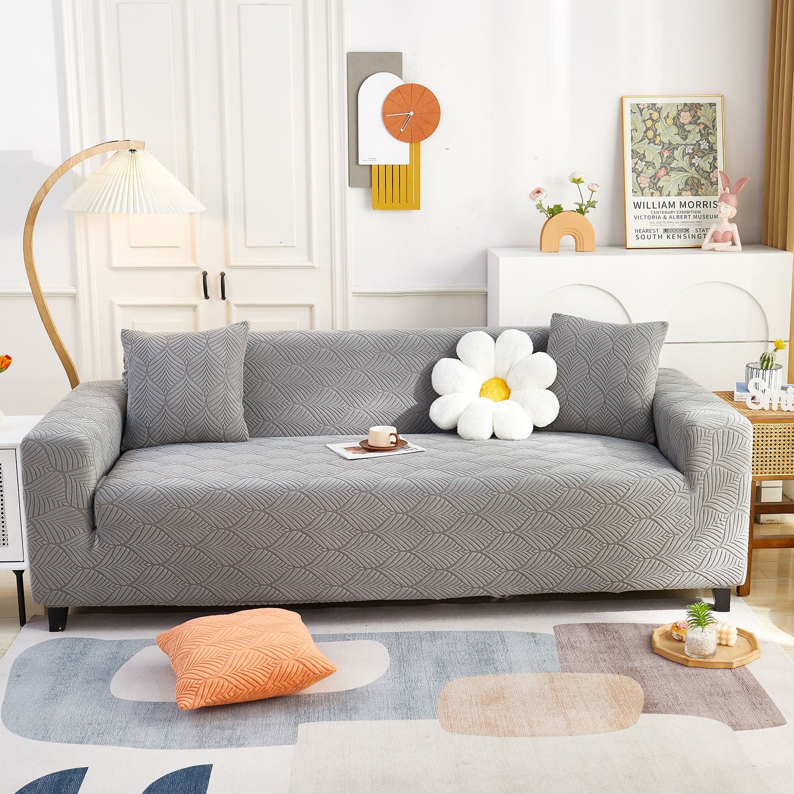 3D Leaves Jacquard Couch Slipcovers Non-Slip Cozy Stretchy Couch Covers for Sectional