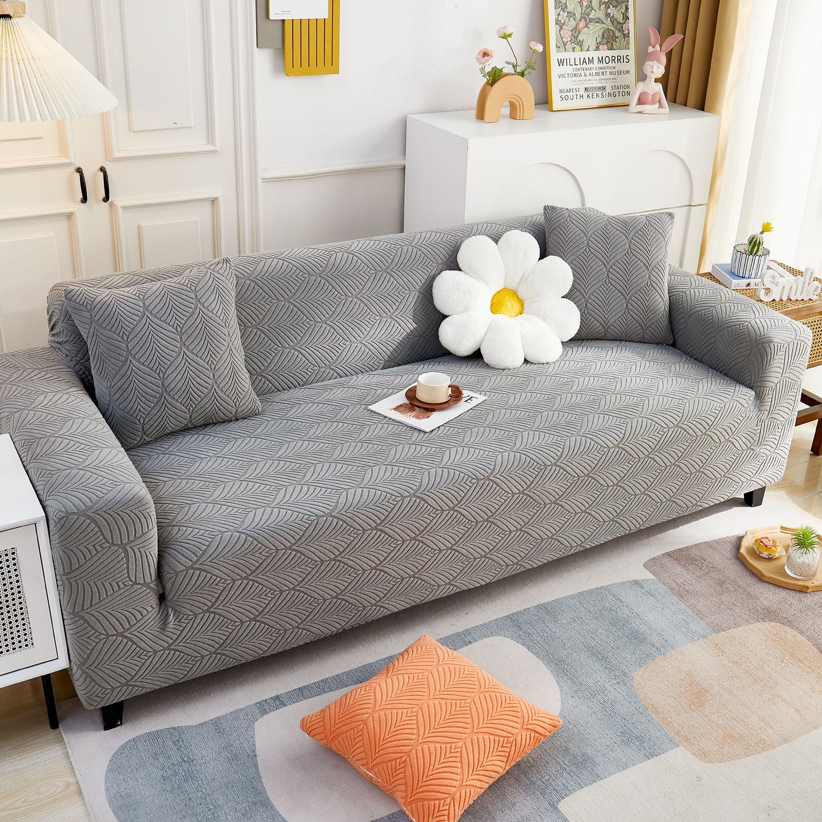 3D Leaves Jacquard Couch Slipcovers Non-Slip Cozy Stretchy Couch Covers for Sectional