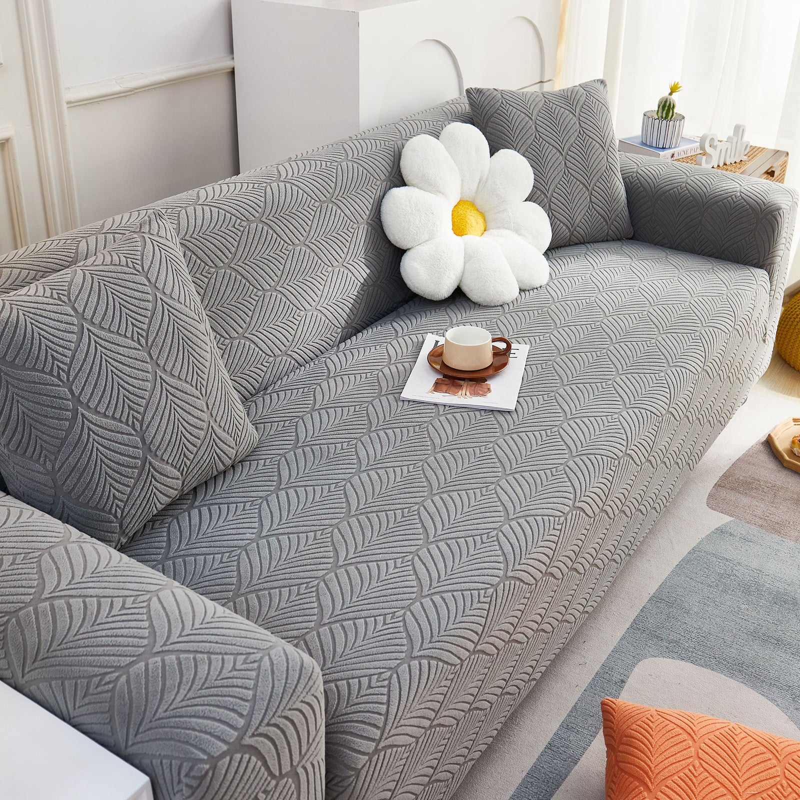 3D Leaves Jacquard Couch Slipcovers Non-Slip Cozy Stretchy Couch Covers for Sectional