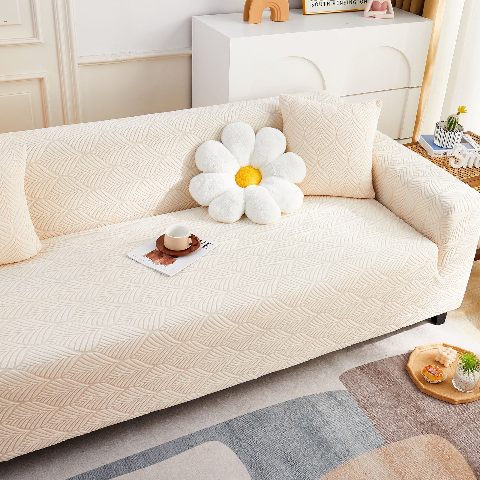 3D Leaves Jacquard Couch Slipcovers Non-Slip Cozy Stretchy Couch Covers for Sectional