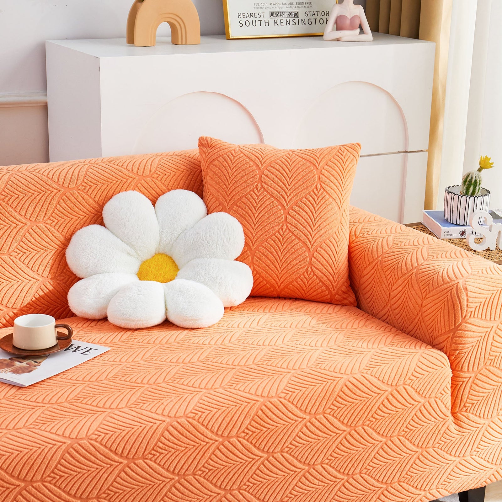3D Leaves Jacquard Couch Slipcovers Non-Slip Cozy Stretchy Couch Covers for Sectional