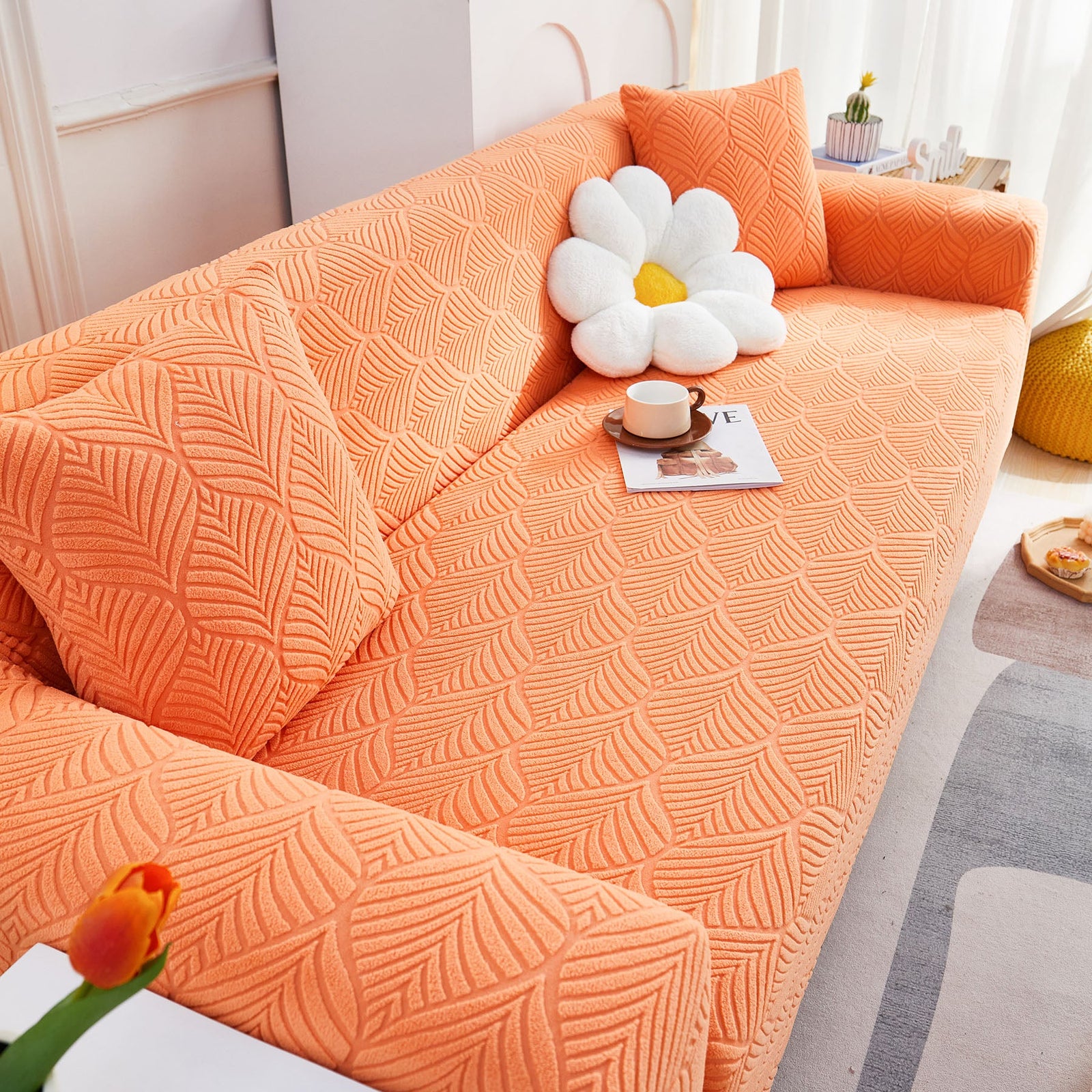 3D Leaves Jacquard Couch Slipcovers Non-Slip Cozy Stretchy Couch Covers for Sectional