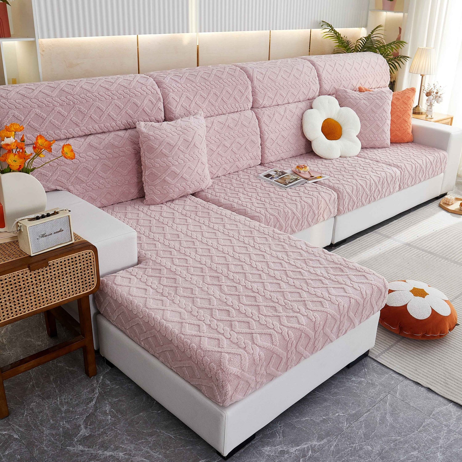 Stretchable Cotton Velvet Non-Slip Furniture Covers Couch Cushion Covers for L-Shaped Sofa, Pets