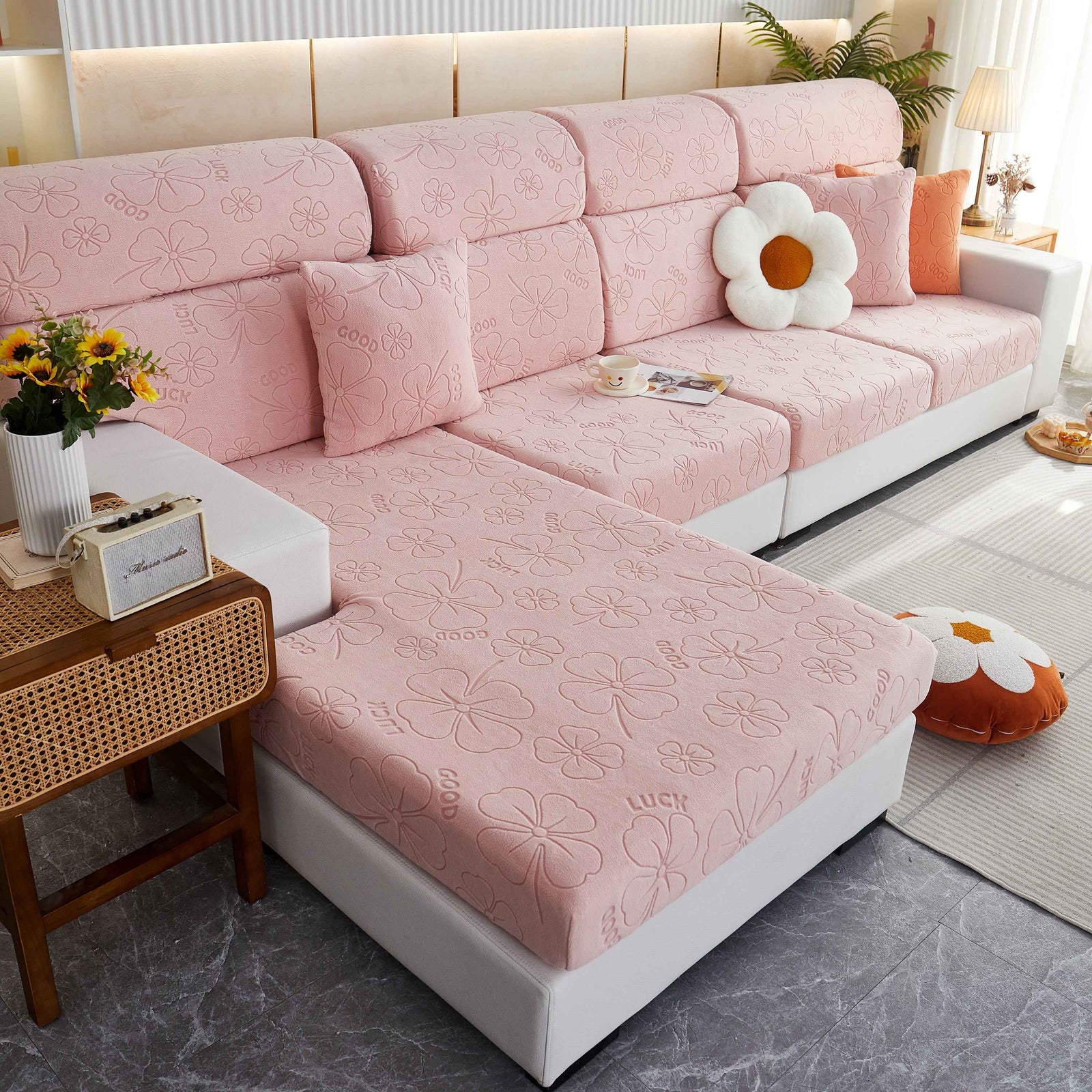 Lucky Clover Slipcover Non-Slip Stretch Jacquard Polar Fleece Sofa Cover for Pets, Cushions, Couches