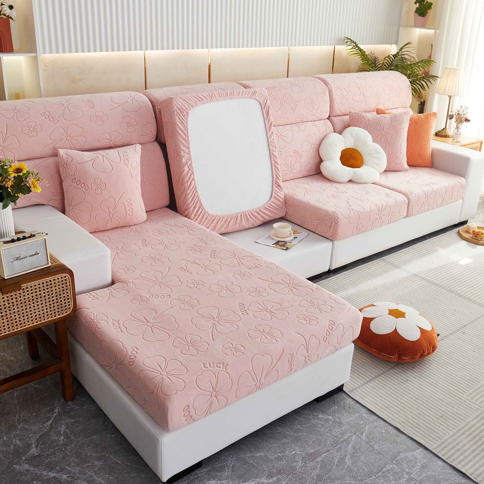 Lucky Clover Slipcover Non-Slip Stretch Jacquard Polar Fleece Sofa Cover for Pets, Cushions, Couches