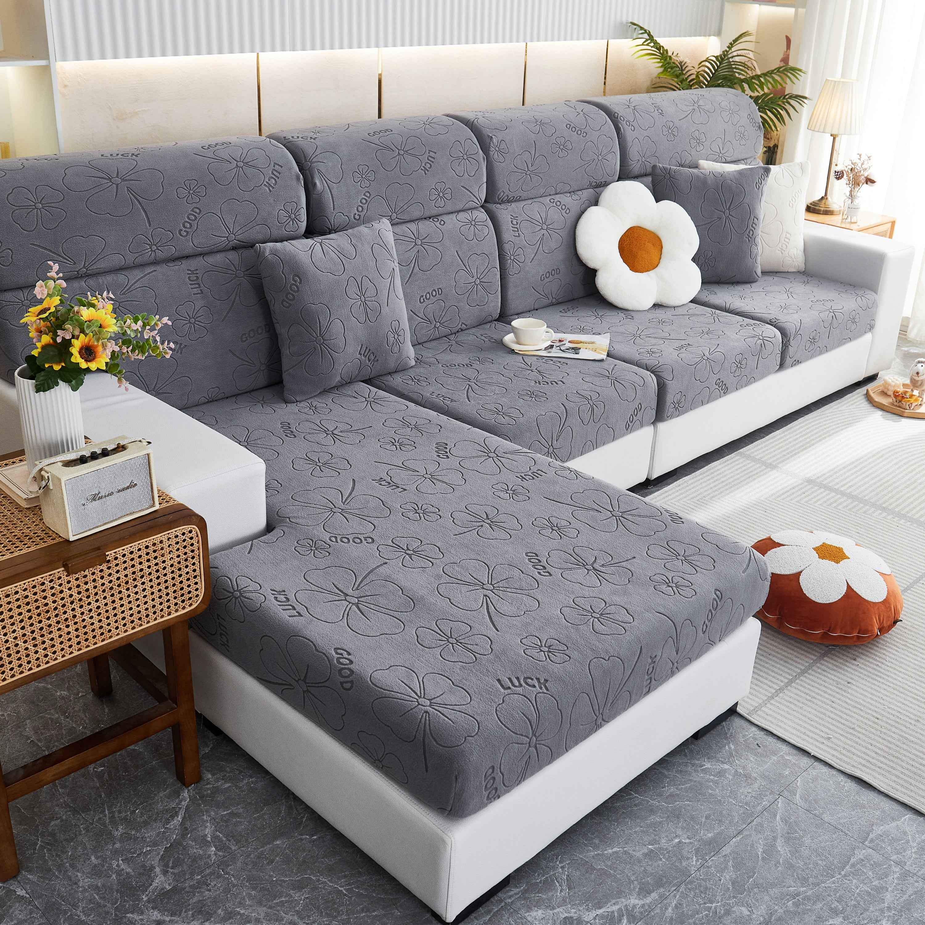 Lucky Clover Slipcover Non-Slip Stretch Jacquard Polar Fleece Sofa Cover for Pets, Cushions, Couches