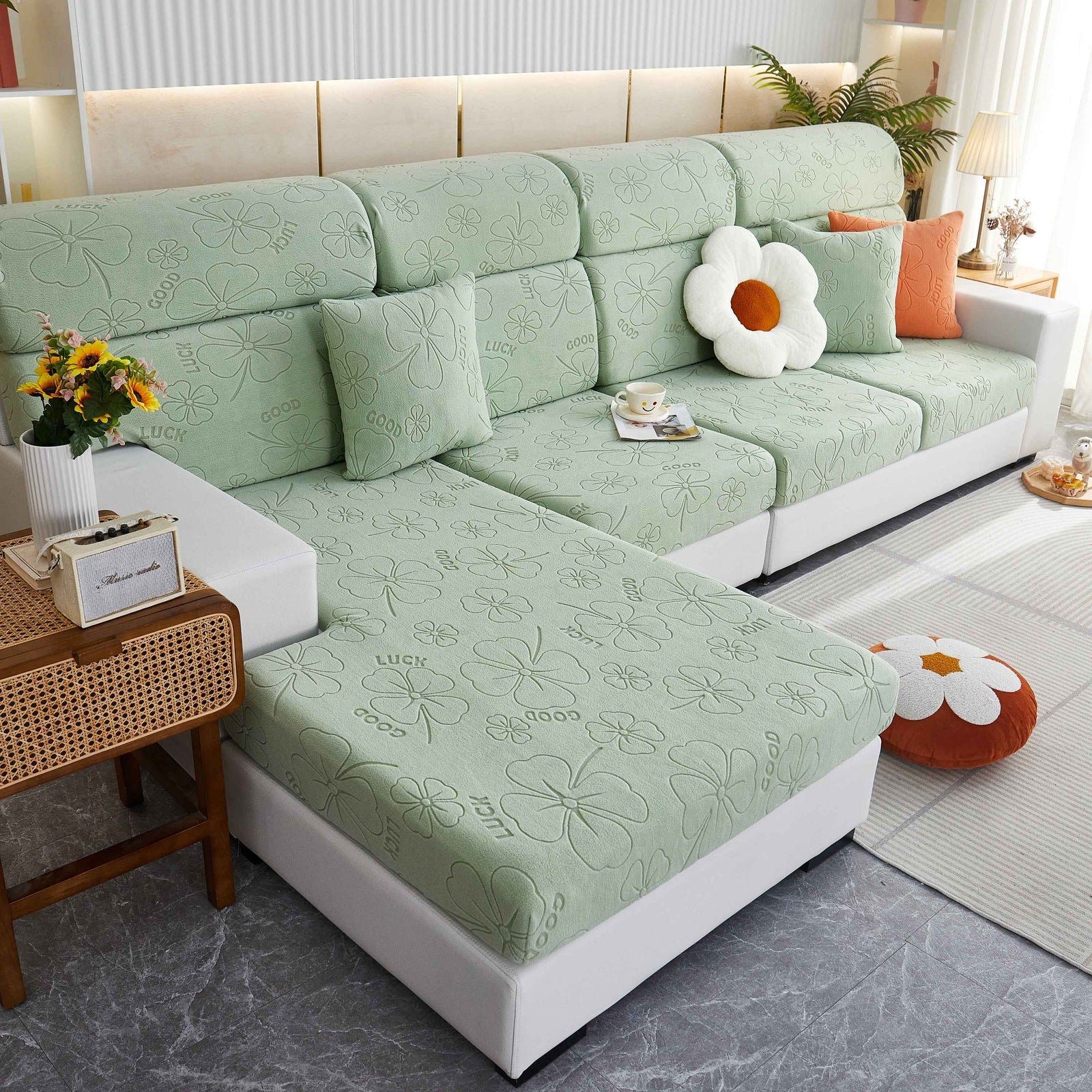 Lucky Clover Slipcover Non-Slip Stretch Jacquard Polar Fleece Sofa Cover for Pets, Cushions, Couches