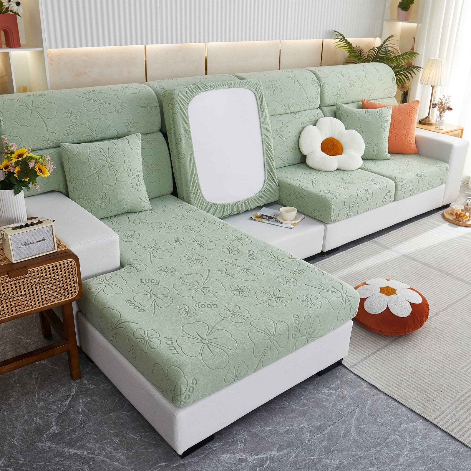Lucky Clover Slipcover Non-Slip Stretch Jacquard Polar Fleece Sofa Cover for Pets, Cushions, Couches