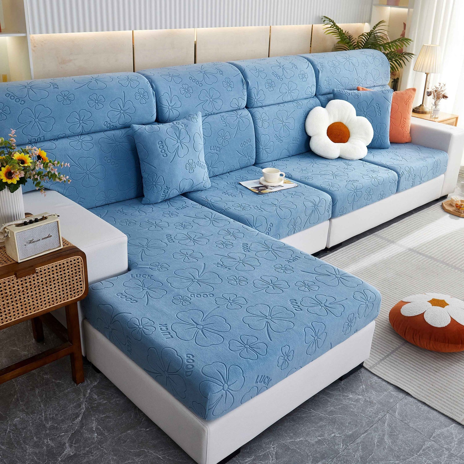 Lucky Clover Slipcover Non-Slip Stretch Jacquard Polar Fleece Sofa Cover for Pets, Cushions, Couches