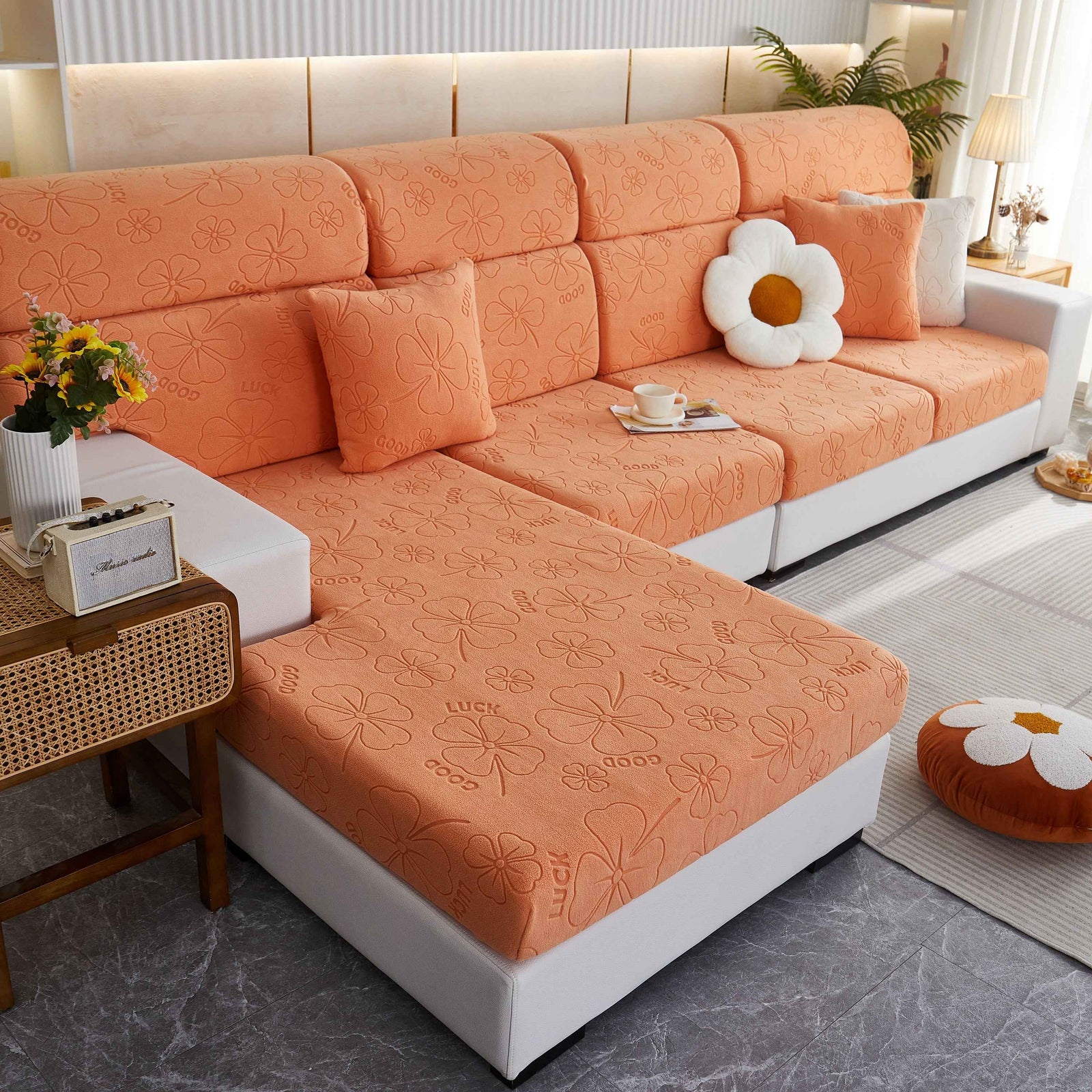 Lucky Clover Slipcover Non-Slip Stretch Jacquard Polar Fleece Sofa Cover for Pets, Cushions, Couches