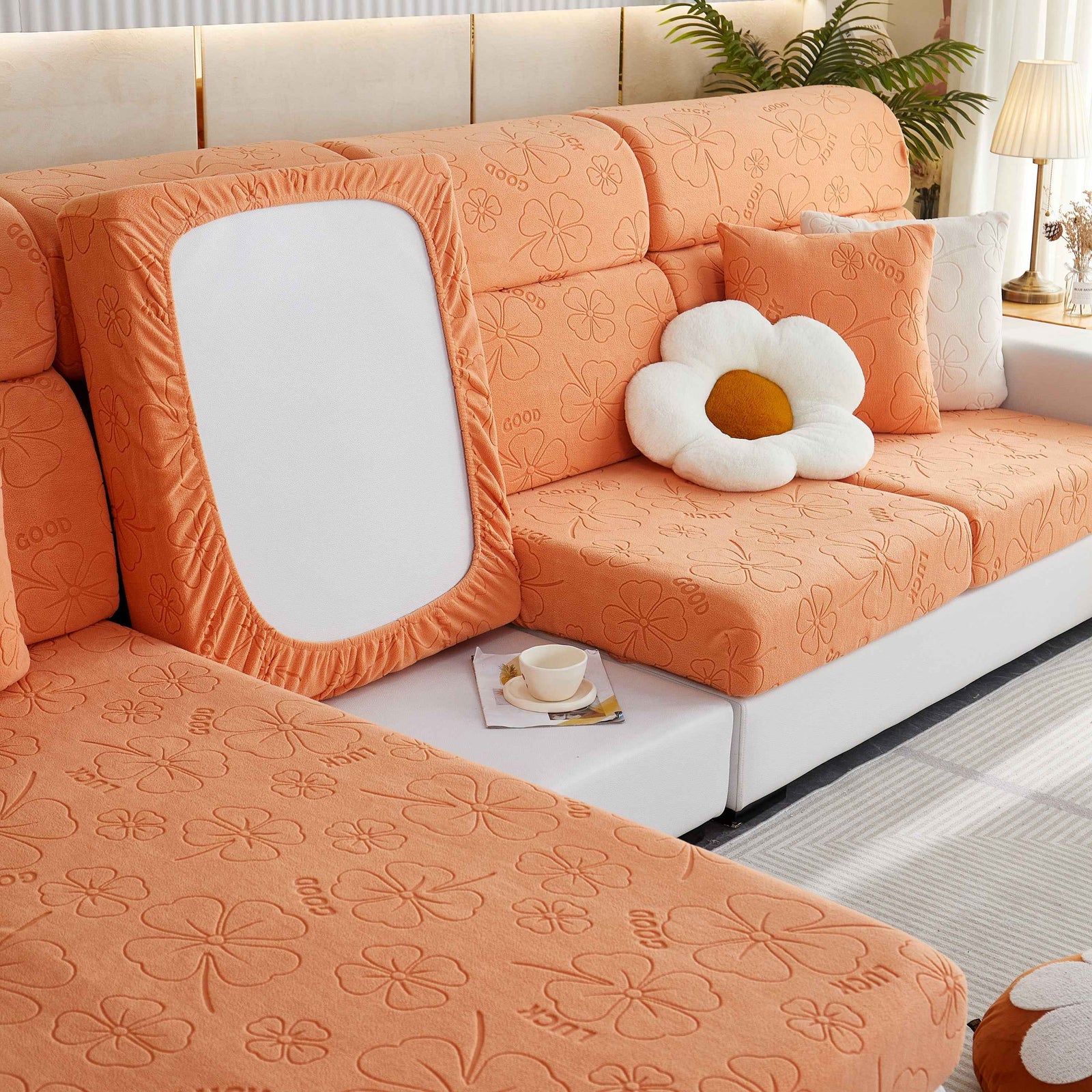 Lucky Clover Slipcover Non-Slip Stretch Jacquard Polar Fleece Sofa Cover for Pets, Cushions, Couches