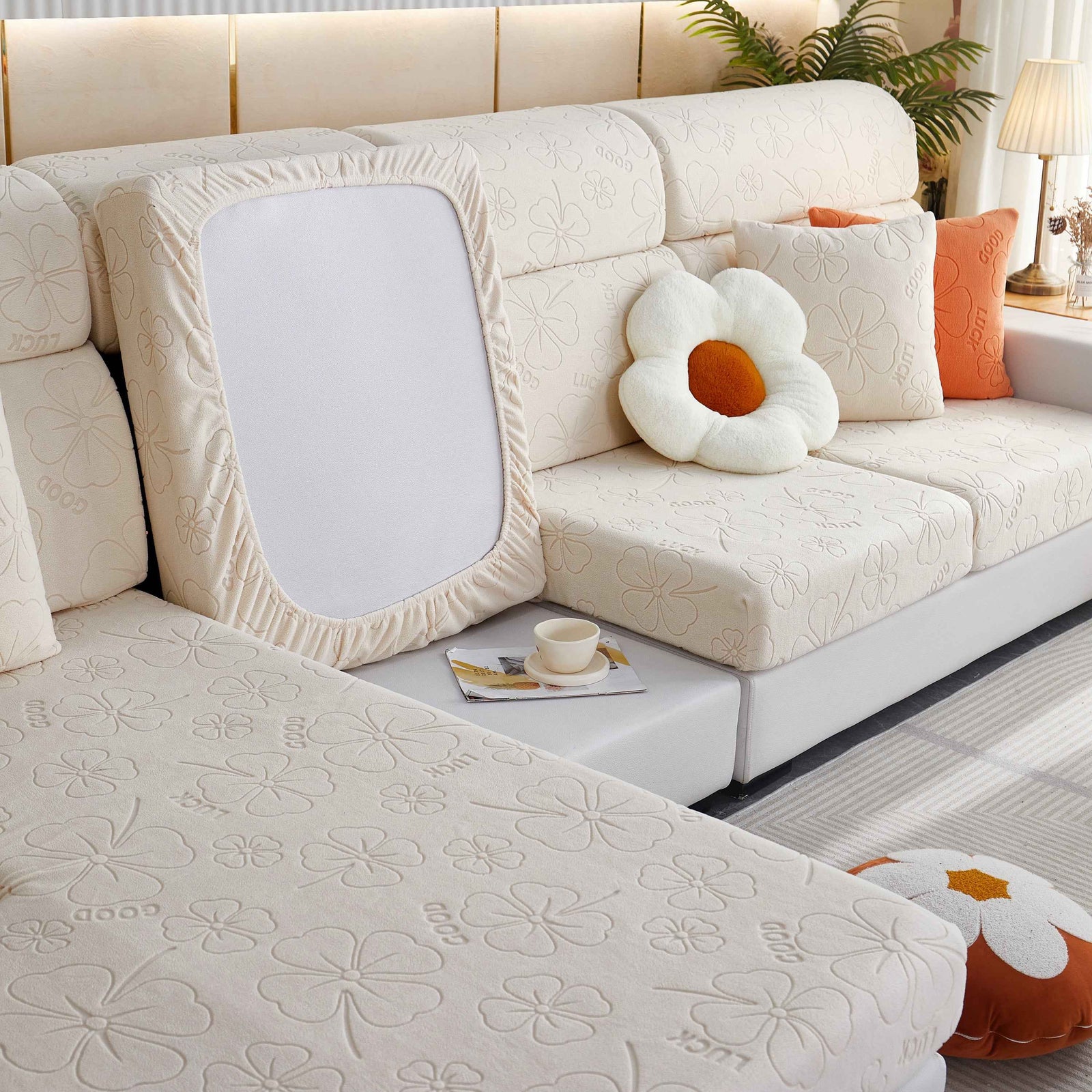 Lucky Clover Slipcover Non-Slip Stretch Jacquard Polar Fleece Sofa Cover for Pets, Cushions, Couches