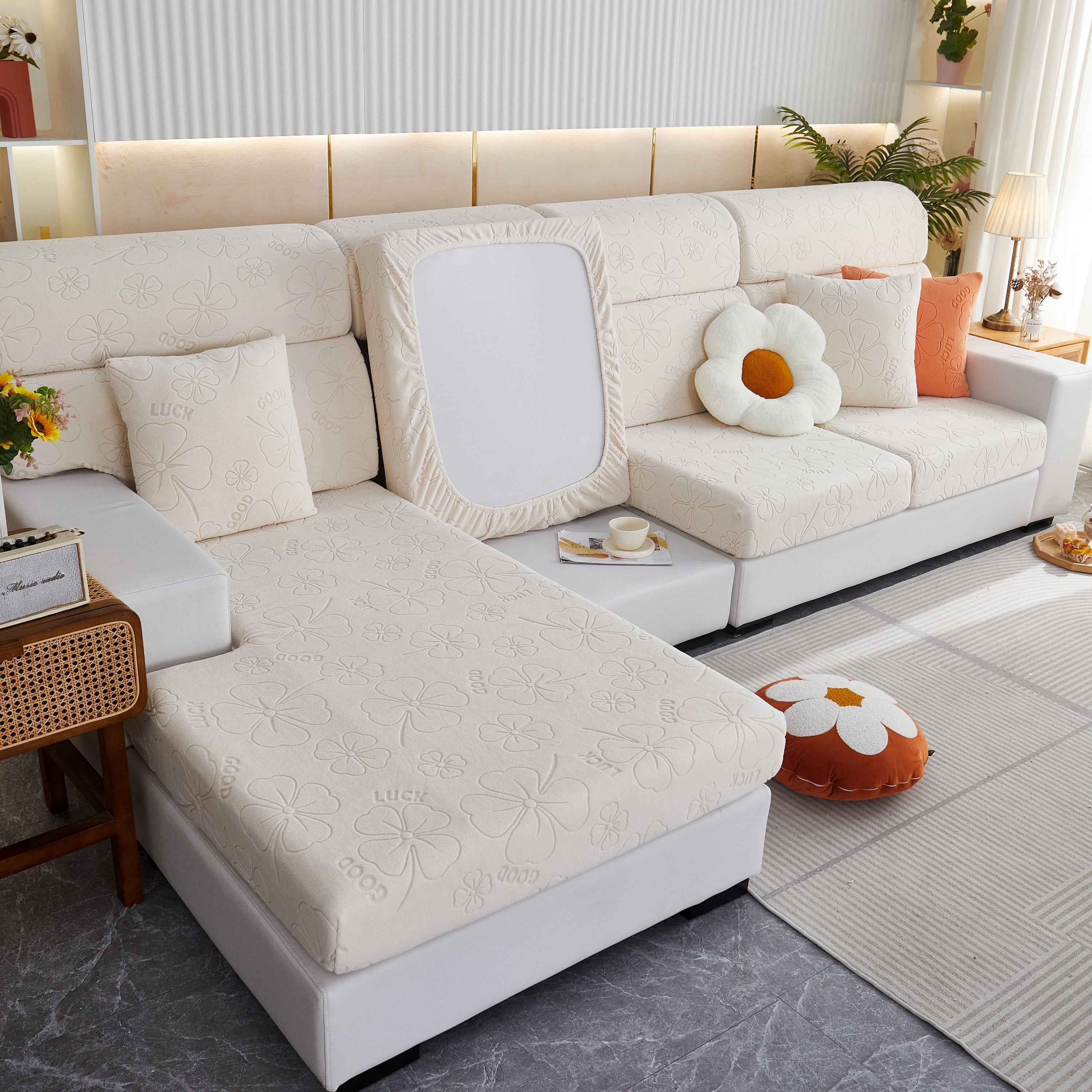 Lucky Clover Slipcover Non-Slip Stretch Jacquard Polar Fleece Sofa Cover for Pets, Cushions, Couches