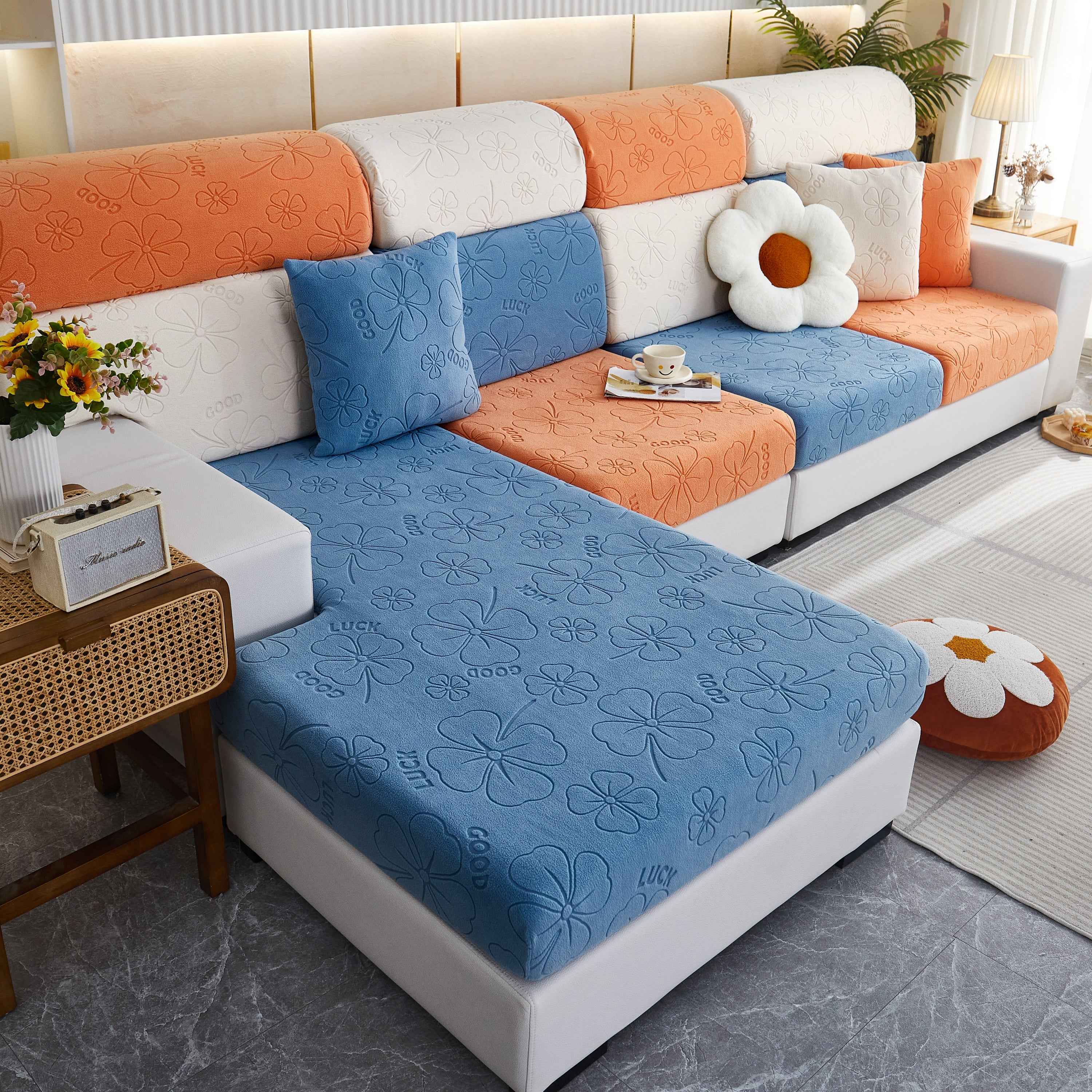 Lucky Clover Slipcover Non-Slip Stretch Jacquard Polar Fleece Sofa Cover for Pets, Cushions, Couches