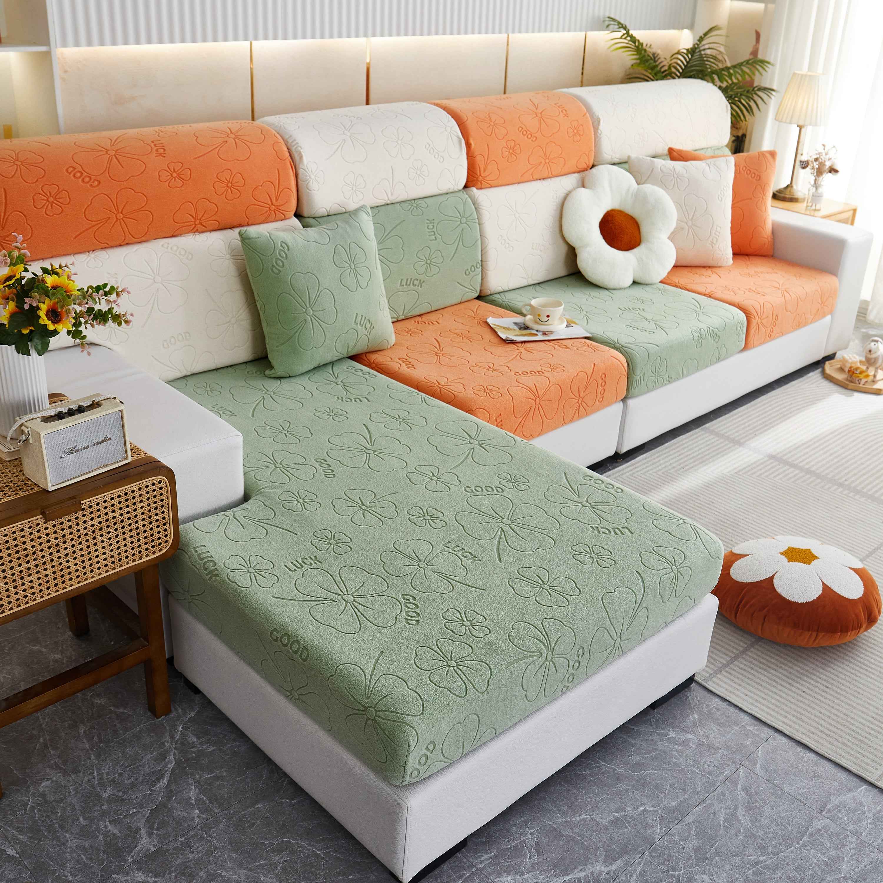 Lucky Clover Slipcover Non-Slip Stretch Jacquard Polar Fleece Sofa Cover for Pets, Cushions, Couches
