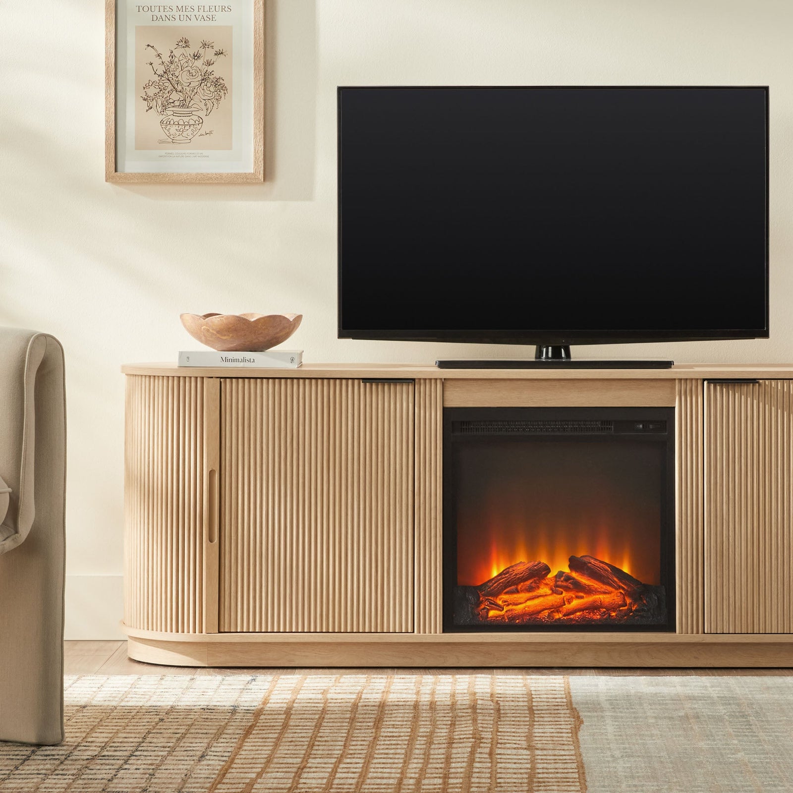 Chloe Modern Scandinavian Reeded Fireplace TV Stand in 2 Sizes