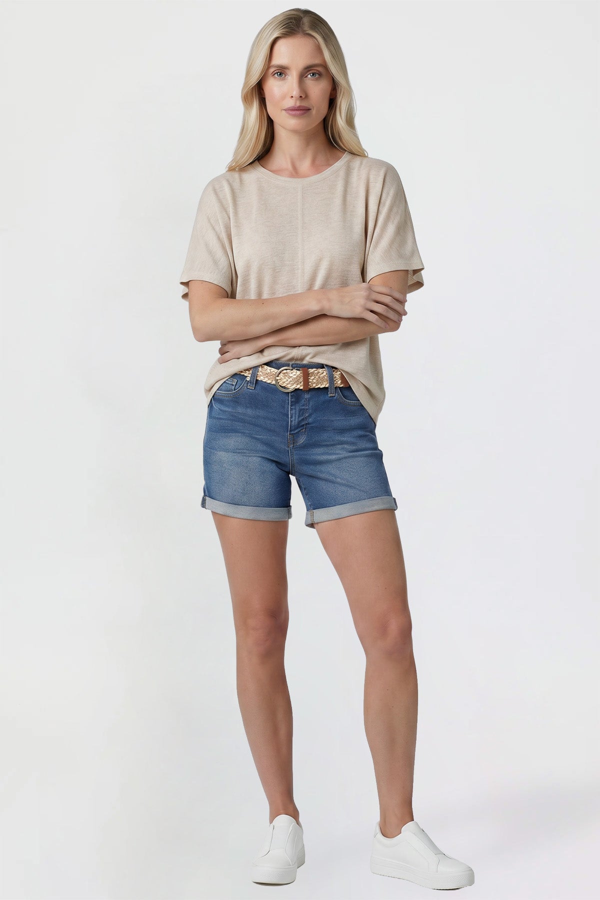 Women's Belted Premium Stretch Fold-Over Cuff Shorts