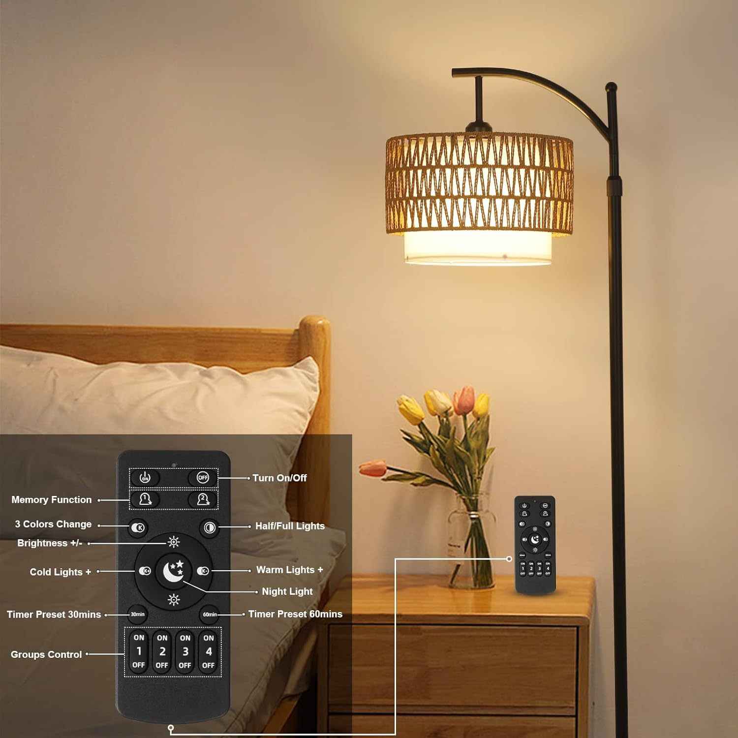 Walker Edison | Boho Arc Floor Lamp for Living Room with 3 Color Temperatures