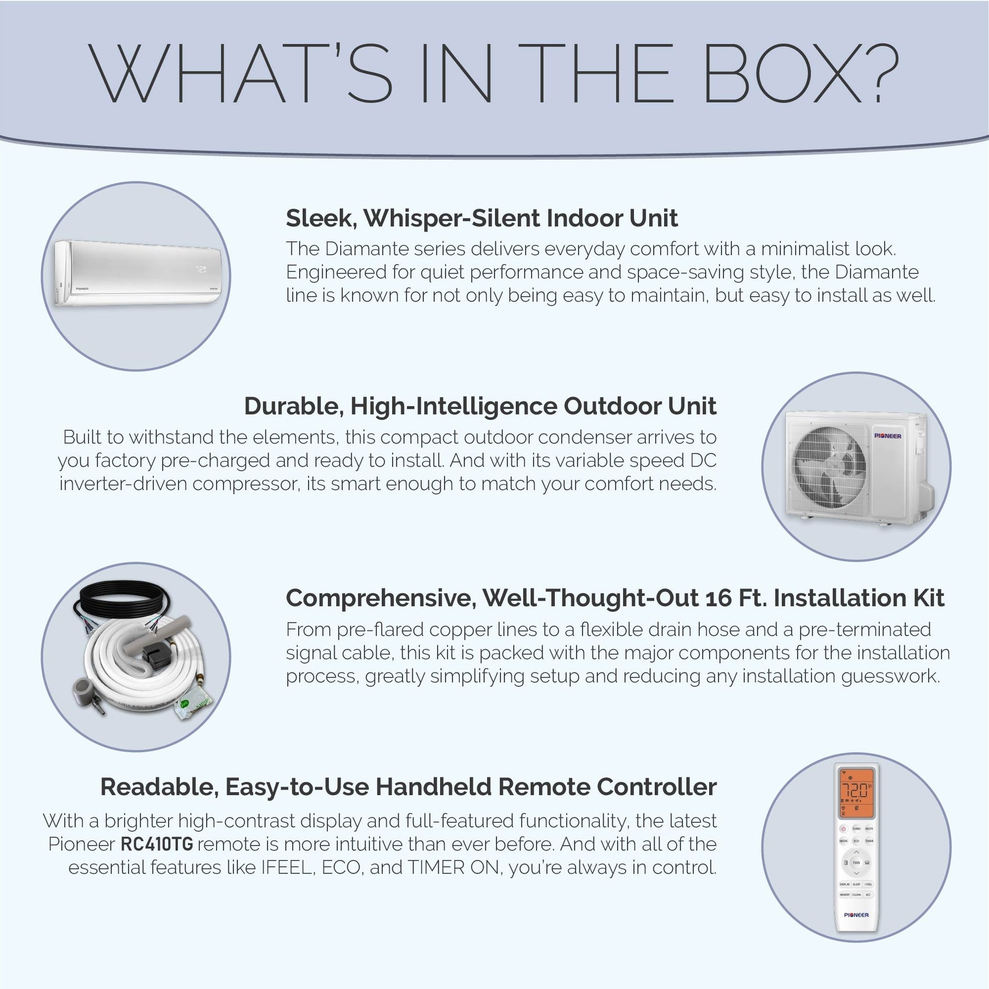 Pioneer® Diamante Essenza™ 36,000 BTU 17 SEER2 230V High-Wall Ductless Mini-Split Air Conditioner Inverter Heat Pump with 16 Ft. Kit