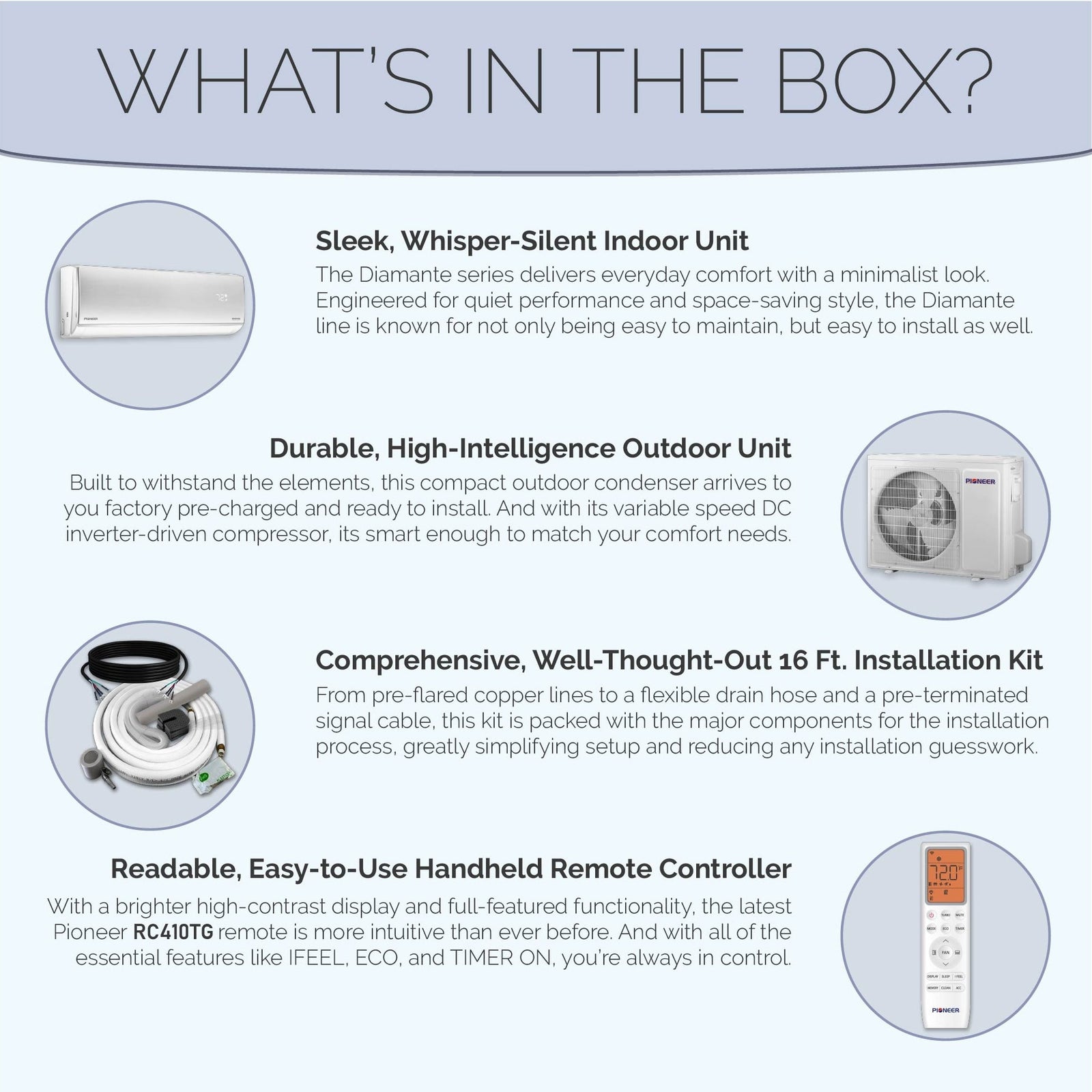 Pioneer® Diamante Essenza™ 18,000 BTU 17 SEER2 230V High-Wall Ductless Mini-Split Air Conditioner Inverter Heat Pump with 16 Ft. Kit