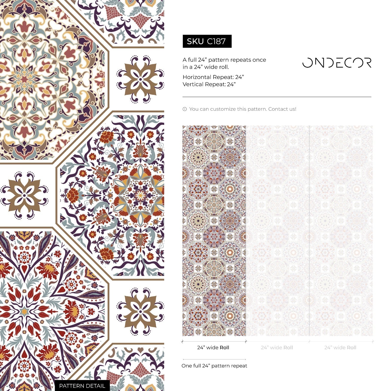 Tile Wallpaper with Intricate Mandala Motifs in Red, Purple, and Gold - C187