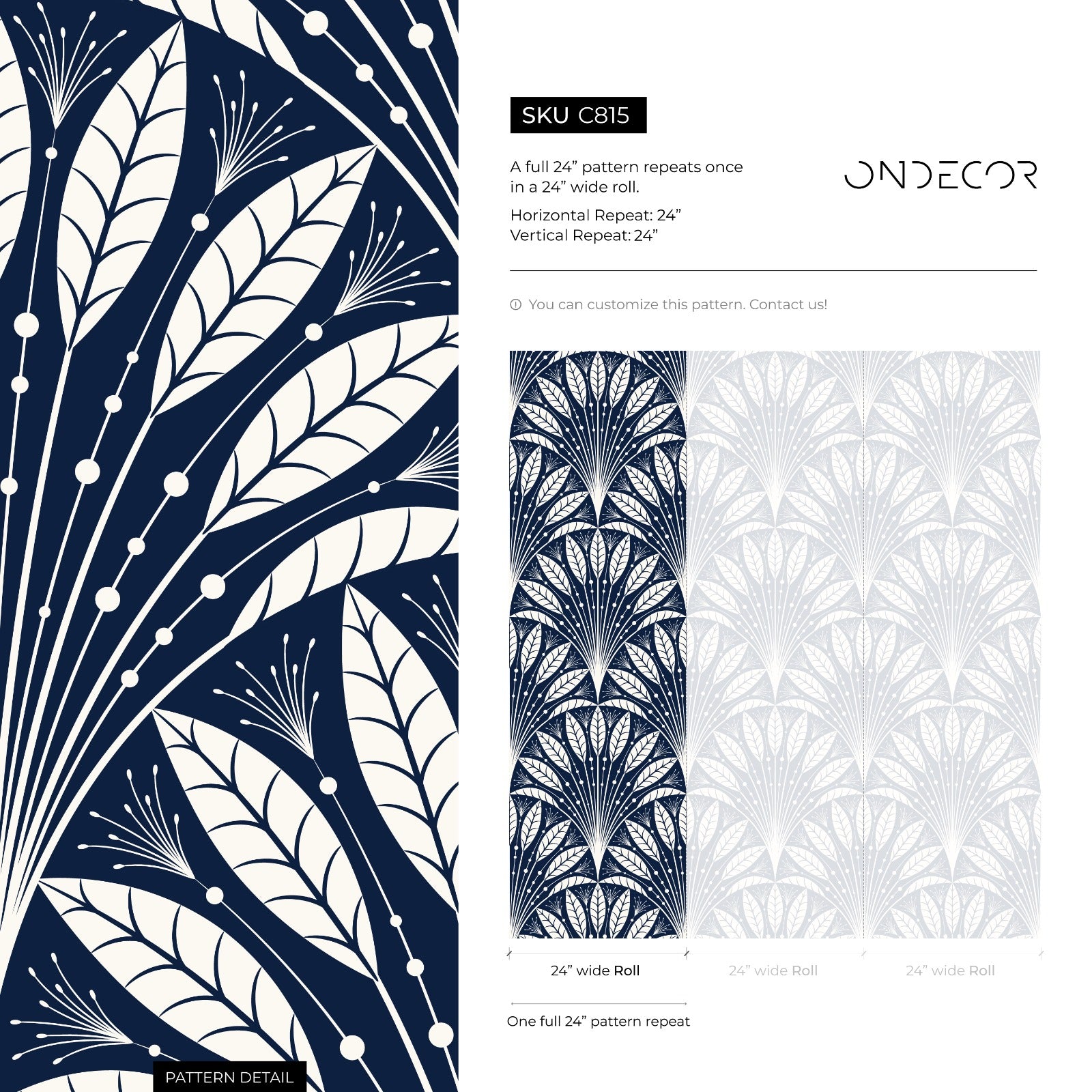 Art Deco Wallpaper with a Stylized Fan Motif in Navy Blue and Cream - C815
