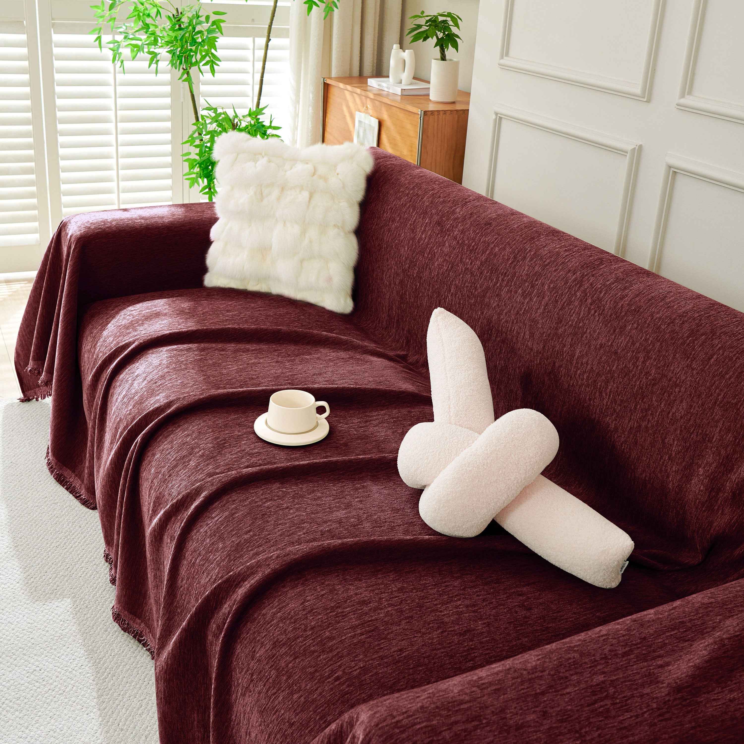 Solid Color Chenille Sofa Throw Blanket, Soft & Plush Decorative Couch Throw Cover