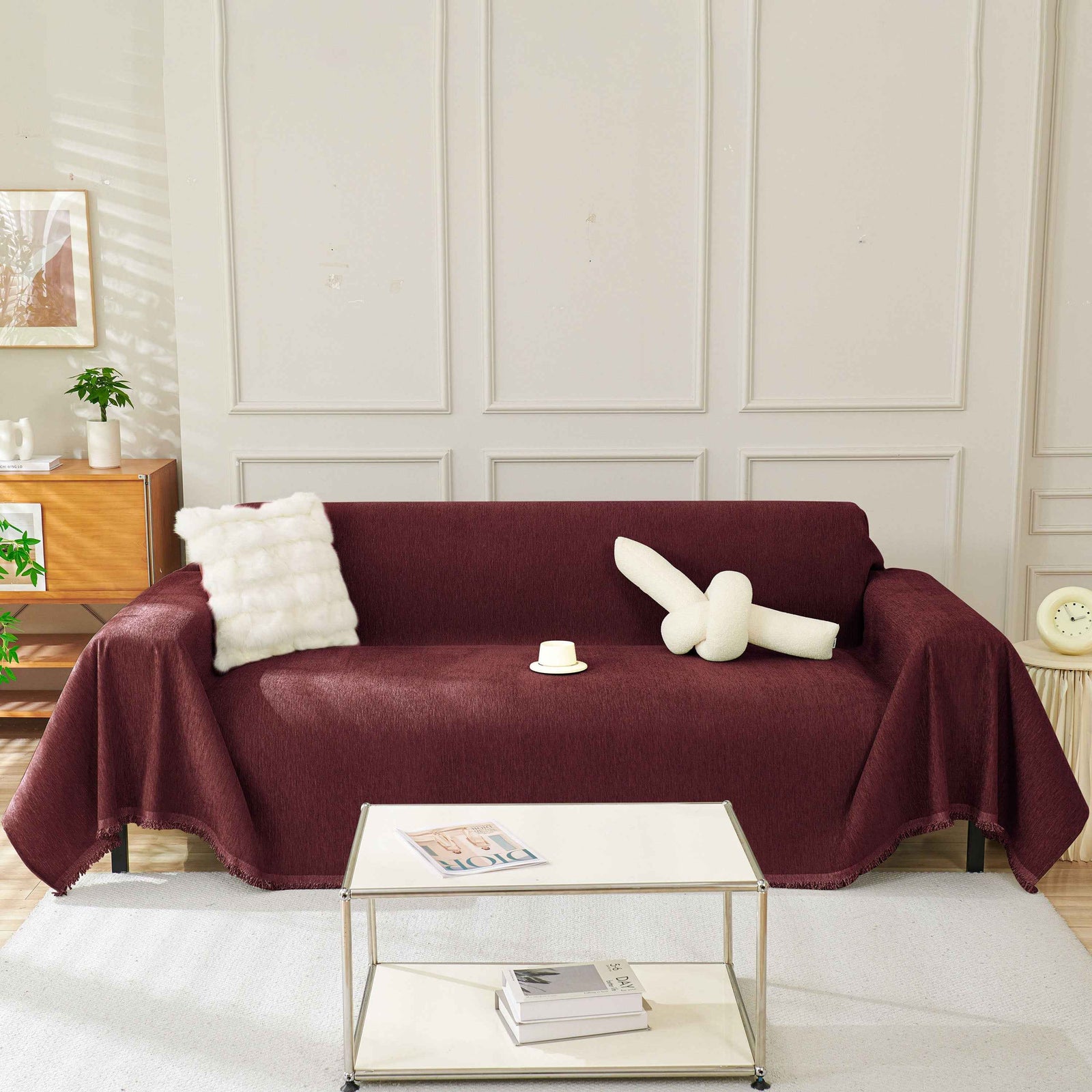 Solid Color Chenille Sofa Throw Blanket, Soft & Plush Decorative Couch Throw Cover