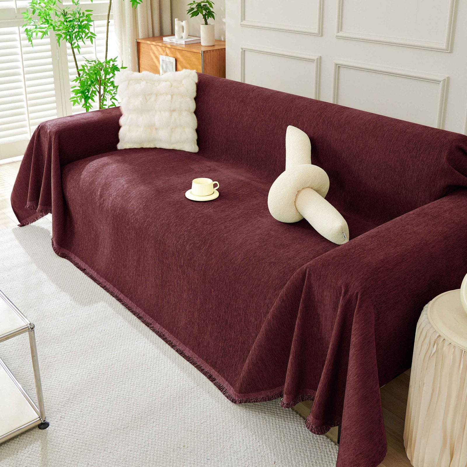 Solid Color Chenille Sofa Throw Blanket, Soft & Plush Decorative Couch Throw Cover