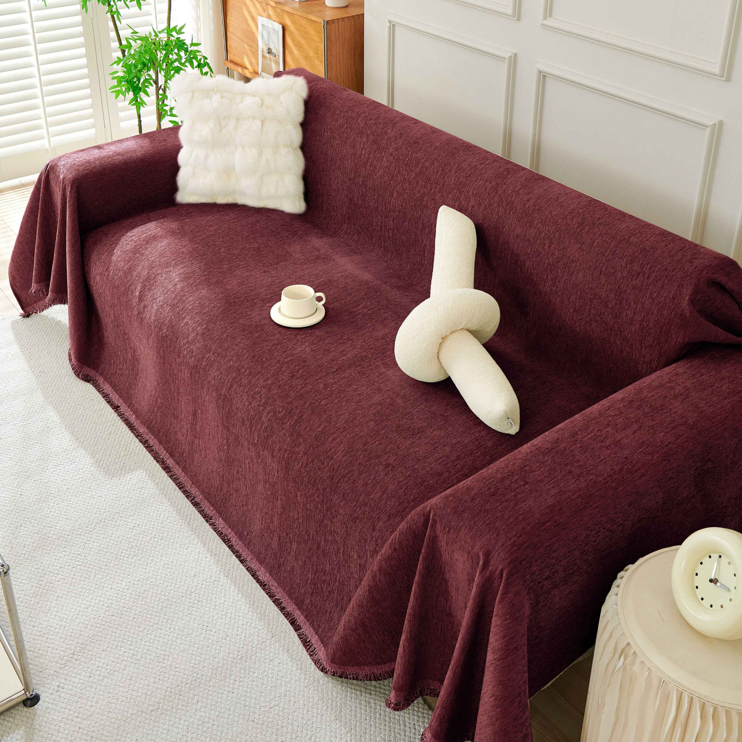 Solid Color Chenille Sofa Throw Blanket, Soft & Plush Decorative Couch Throw Cover