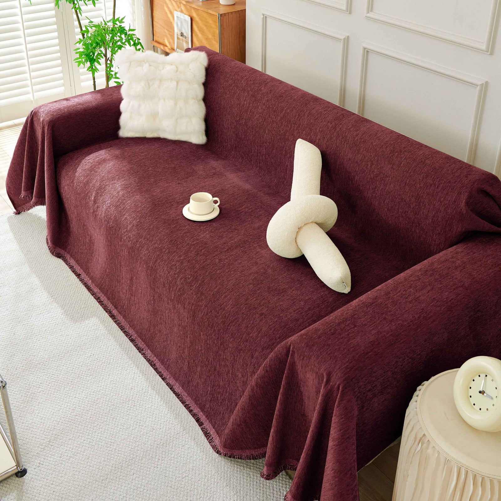 Solid Color Chenille Sofa Throw Blanket, Soft & Plush Decorative Couch Throw Cover