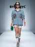 Women's Blue Denim Jacket Oversized Rainbow Crystal Chain BYMANYC ® New York CONTEMPORARY VIBRANT MODERN OUTERWEAR - New Collection