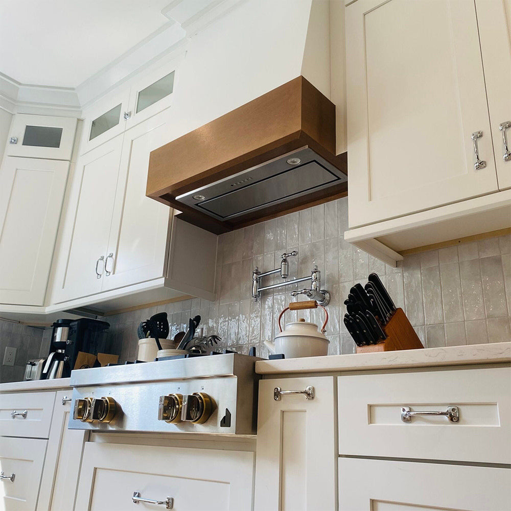 Wood Range Hood With Angled Front and Walnut Band - 30