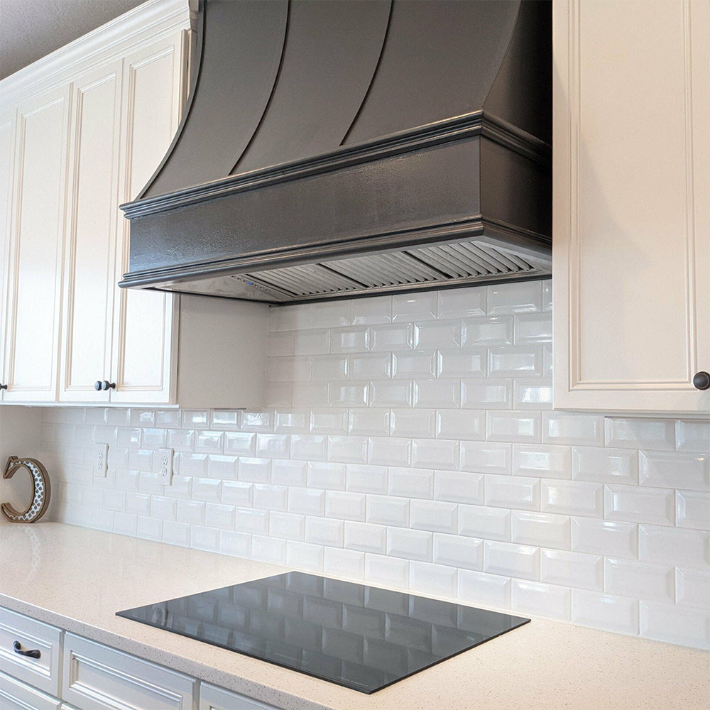 Wood Range Hood With Sloped Strapped Front and Decorative Trim - 30