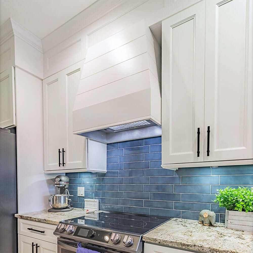 Wood Range Hood With Tapered Shiplap Front and Block Trim - 30