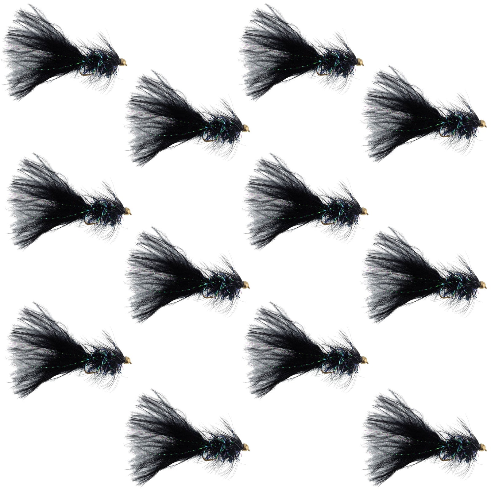 Black Bead Head Crystal Woolly Bugger Classic Streamer Flies - 12 Flies - Hook Size 8