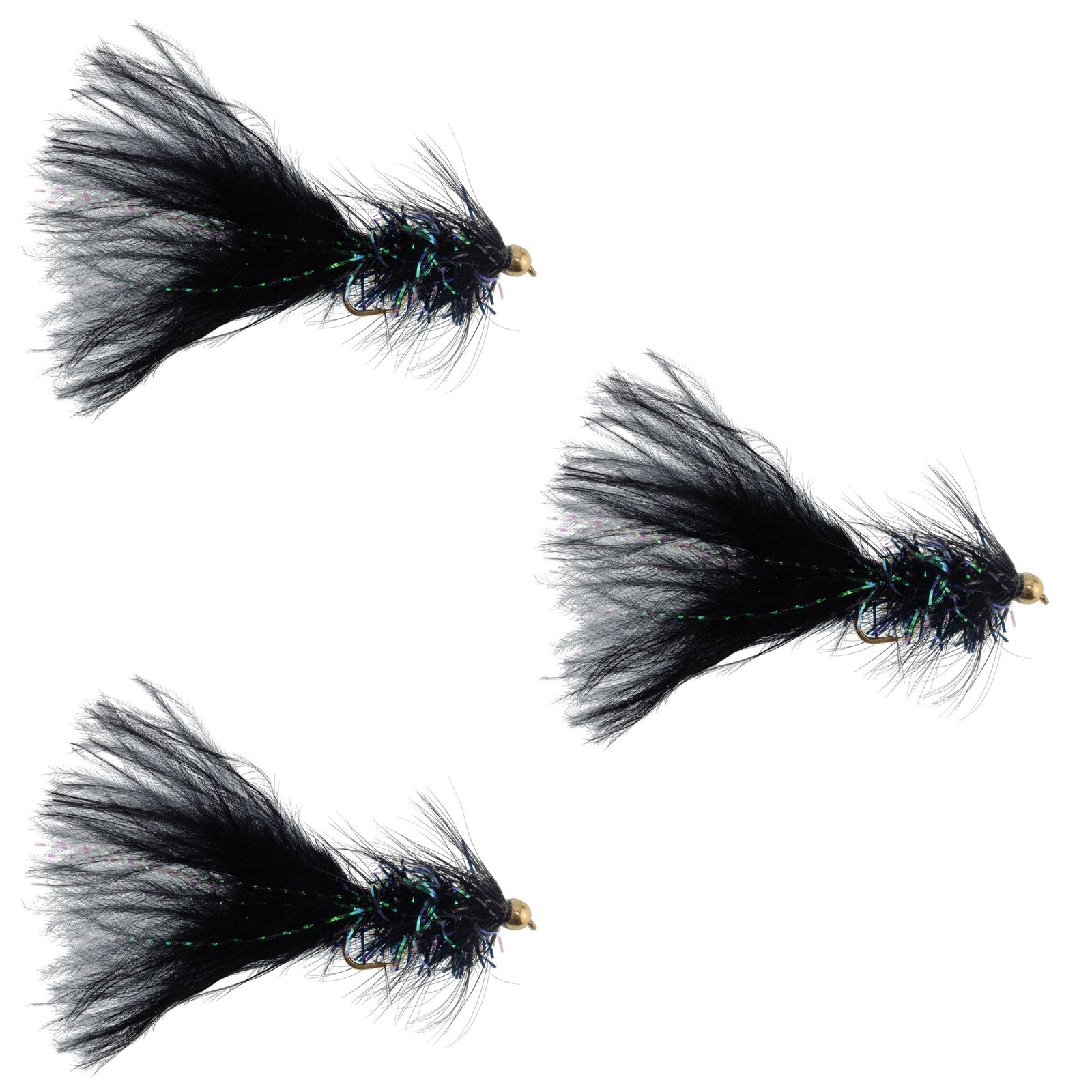 3 Pack Black Bead Head Crystal Woolly Bugger Classic Streamer Flies - 12 Flies - Hook Size 8