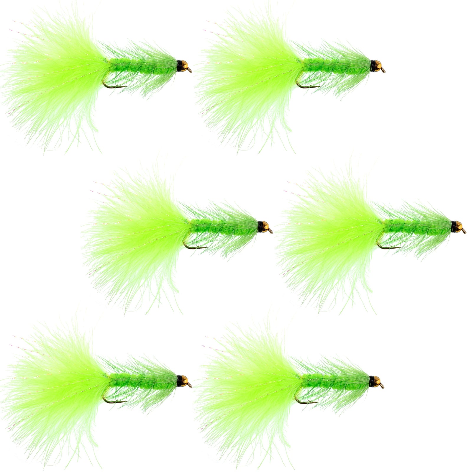 Chartreuse Bead Head Crystal Woolly Bugger Classic Streamer Flies - Set of 6 Trout Fly Fishing Flies - Hook Size 8
