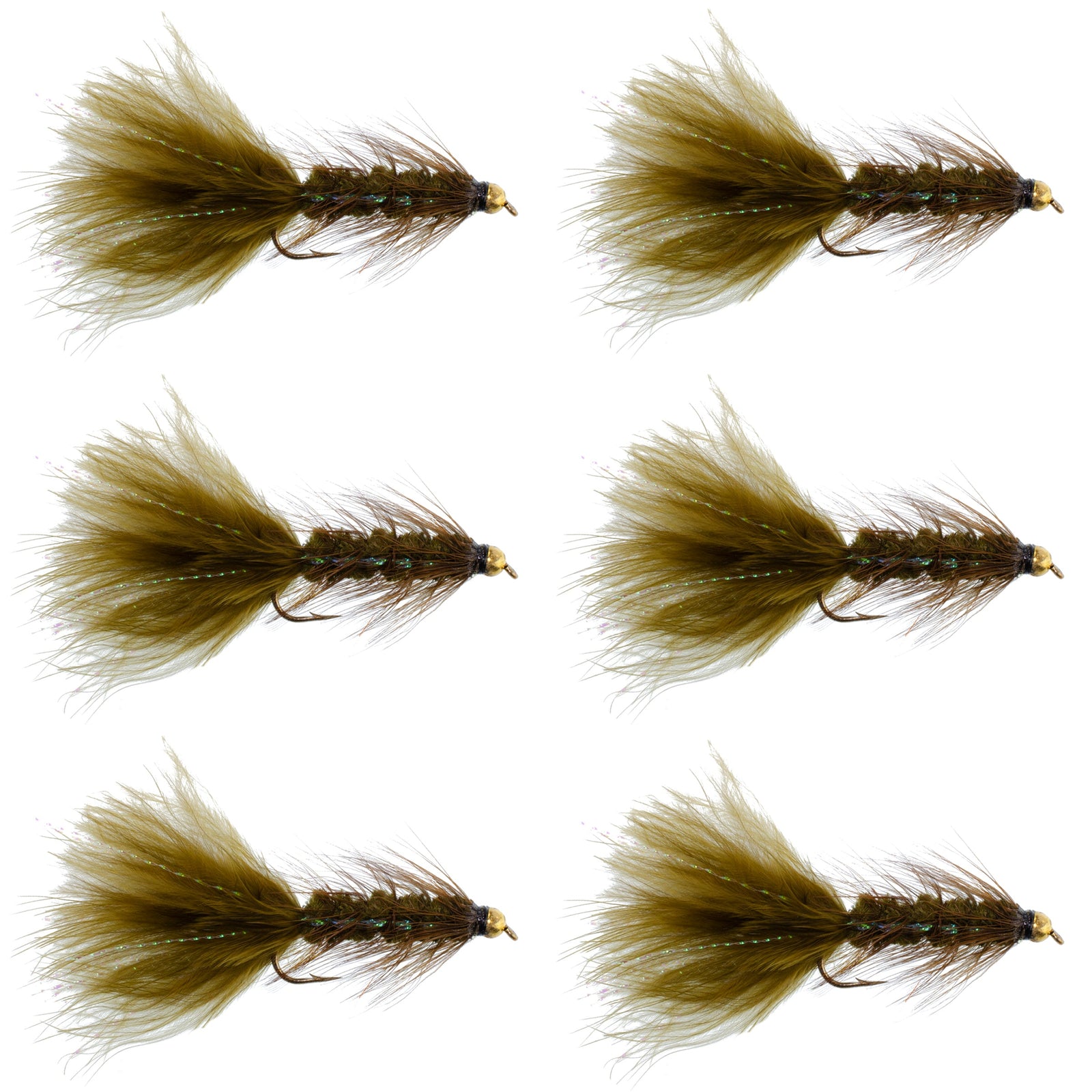 Dark Olive Bead Head Crystal Woolly Bugger Classic Streamer Flies - Set of 6 Trout Fly Fishing Flies - Hook Size 8