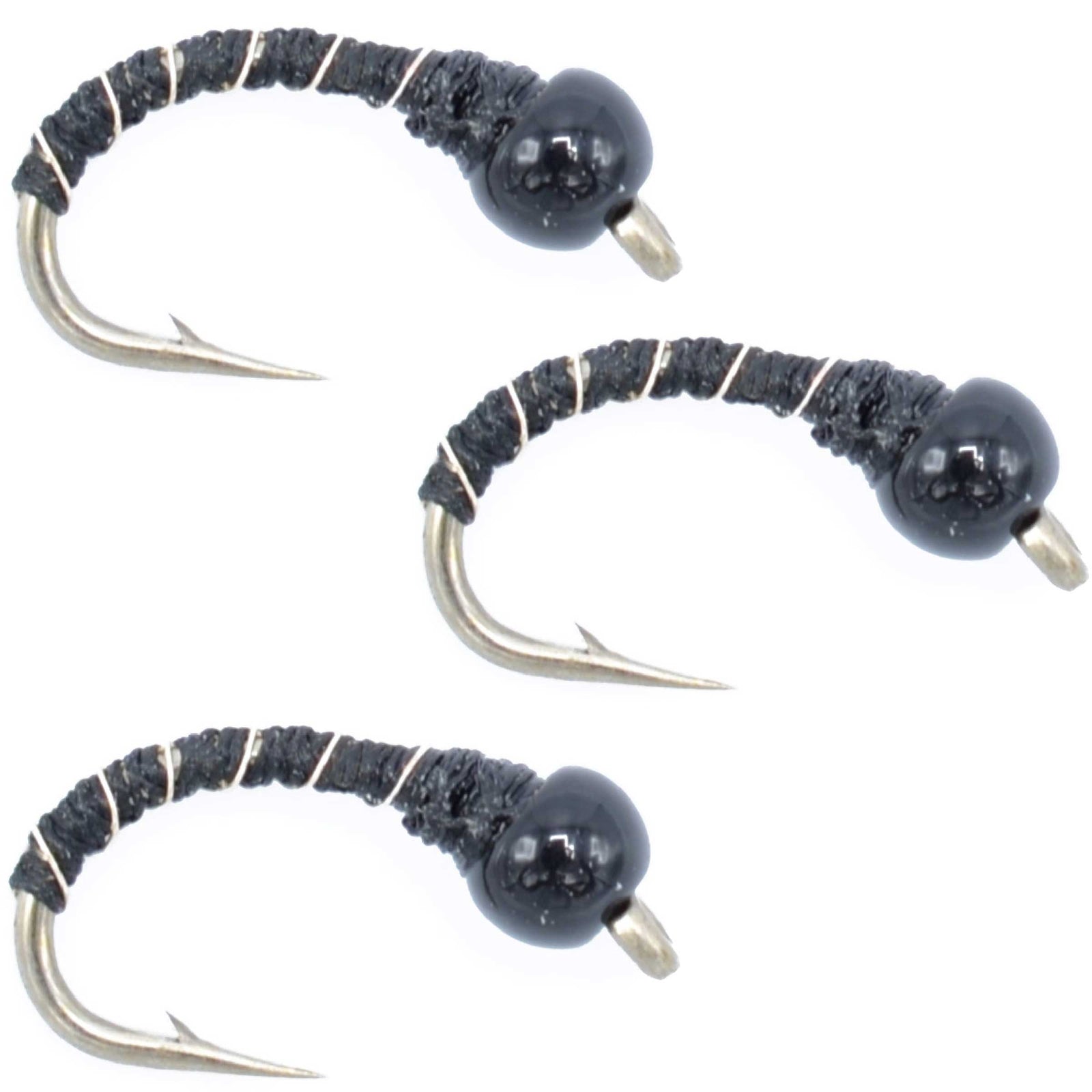 3 Pack Bead Head Black Zebra Midge Still Water Nymph Fly Hook Size 20