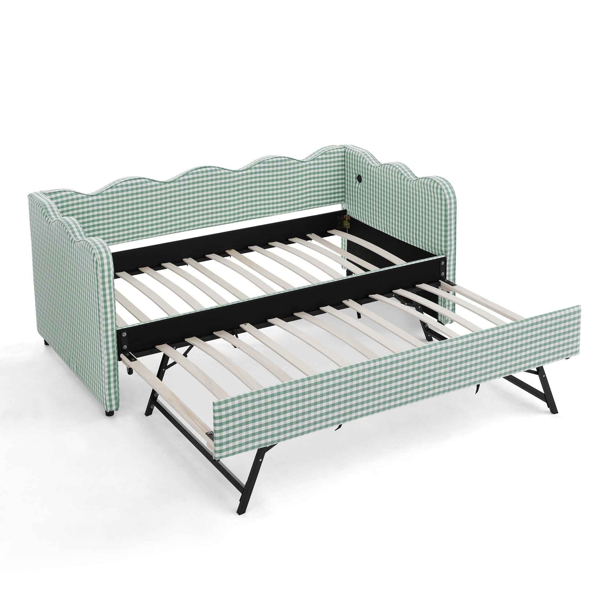 Gingham Daybed With USB Charging Port, Wave Shaped Design