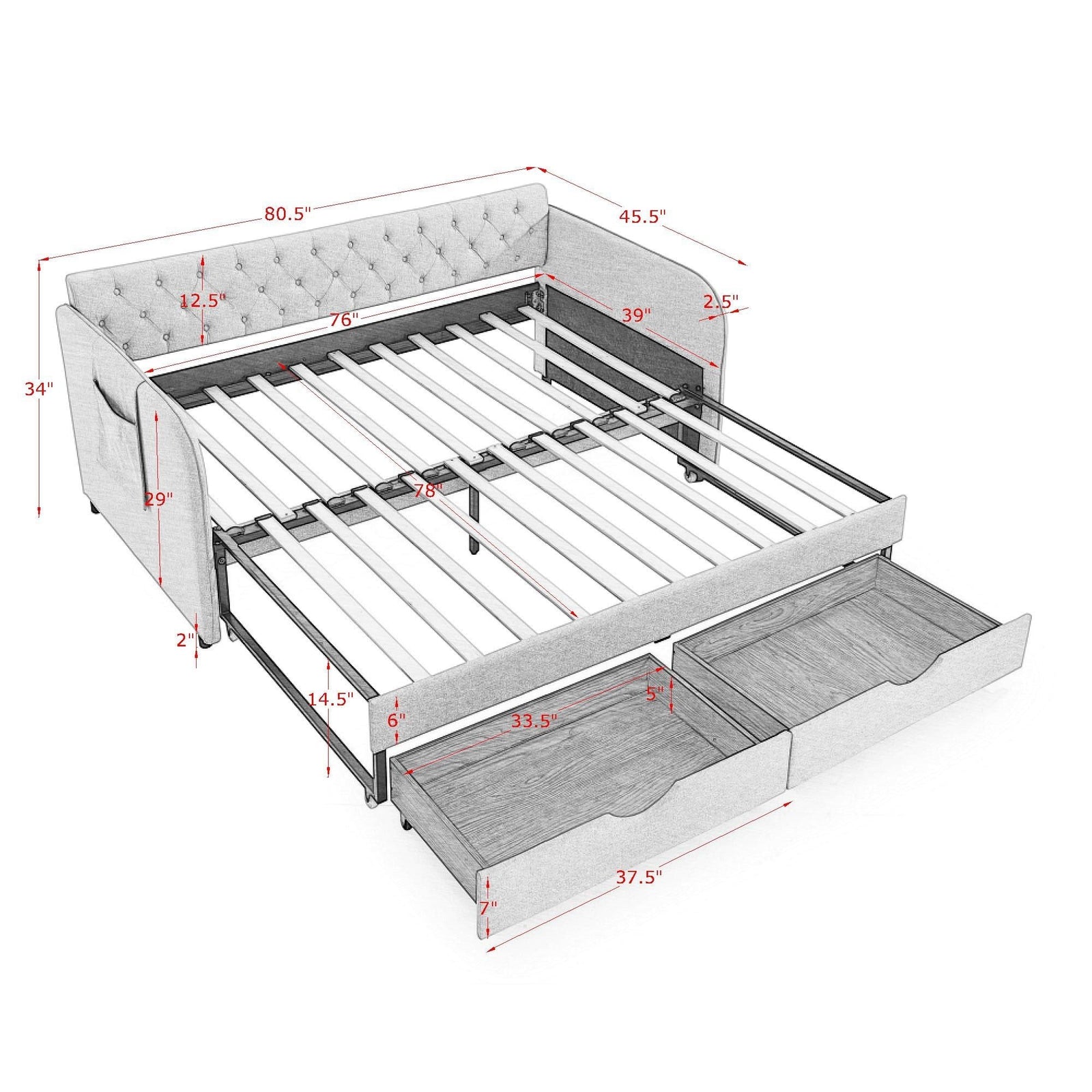 Daybed With Trundle And Storage Drawers, Flat Arms With Pocket