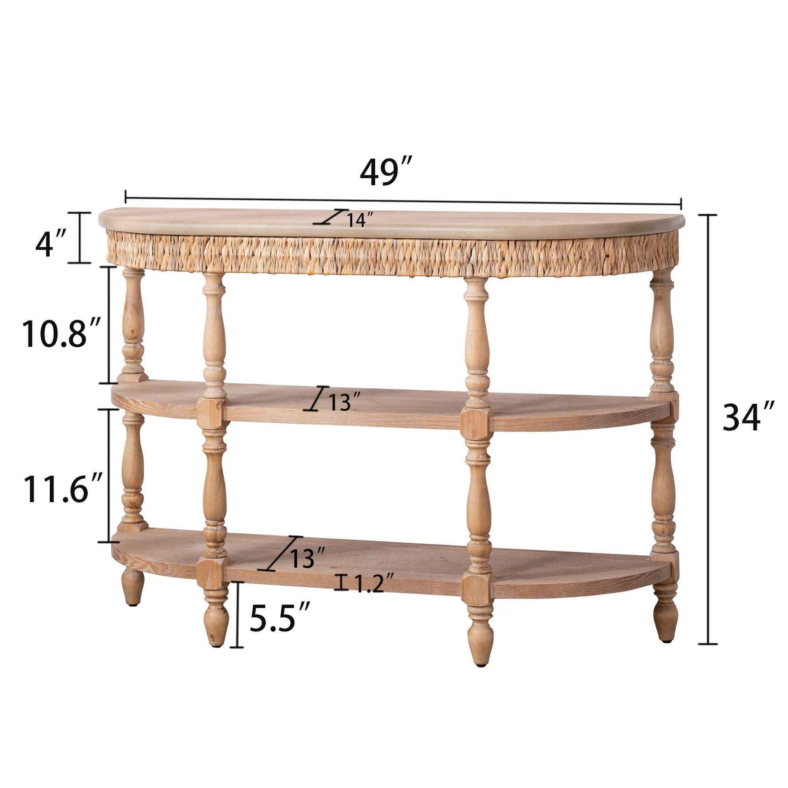 Handcrafted Console Table With Hand Woven Trim, 3 Tier Storage Shelves - Natural