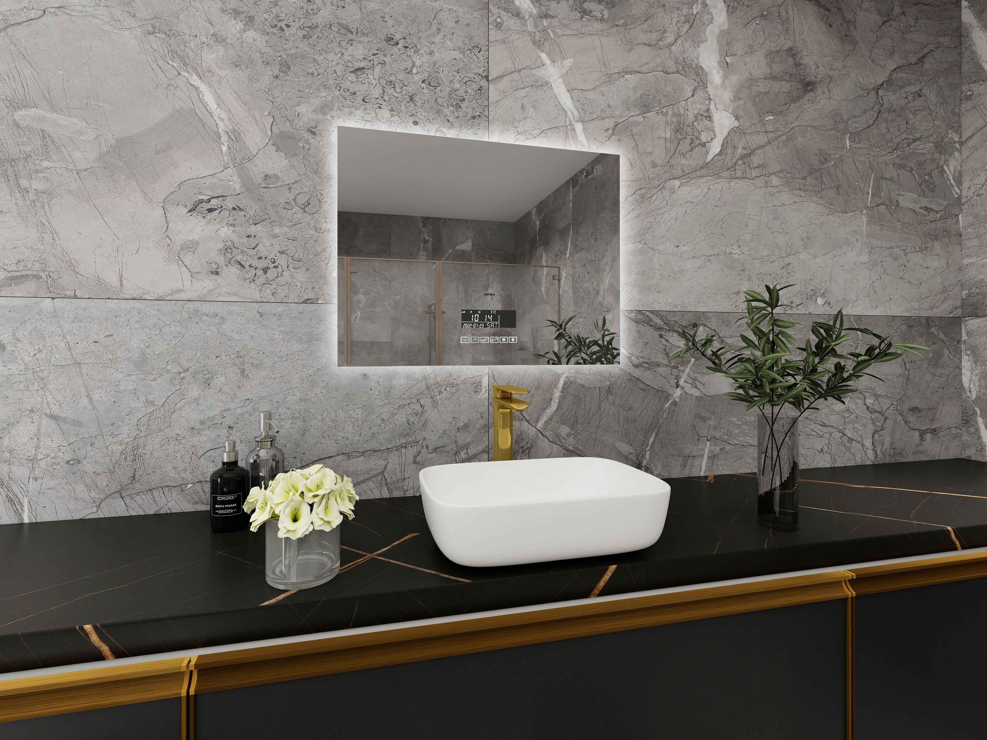 Smart Bluetooth Enabled Mirror: Featuring Temperature Display, Fog-Free Technology, LED Lighting, and Touch Sensor Makeup Functionality for an Elegant and Functional Wall Accent