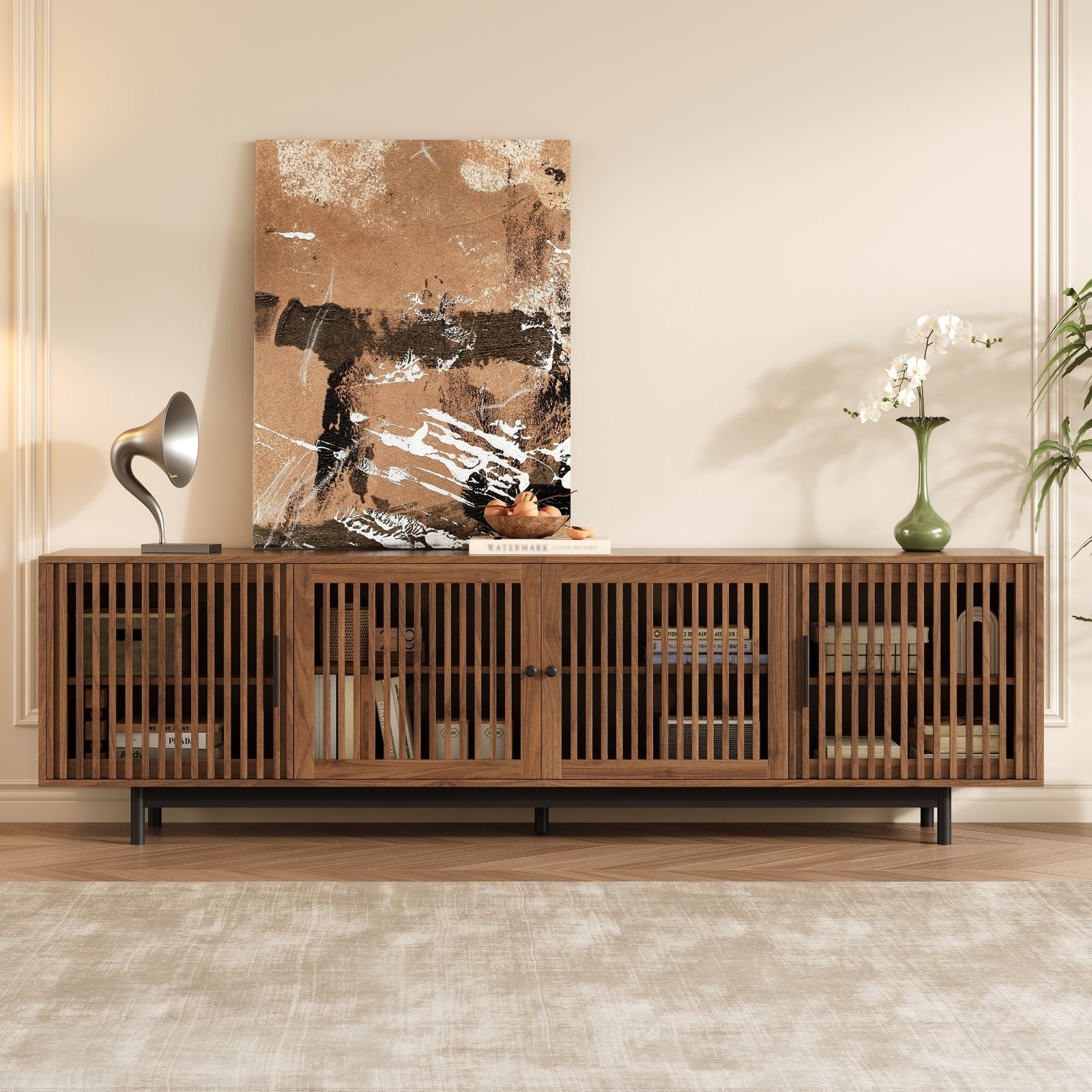 TV Stand For TVs, Entertainment Center With Closed Storage & Cable Management, Soft Closing Hinges - Walnut