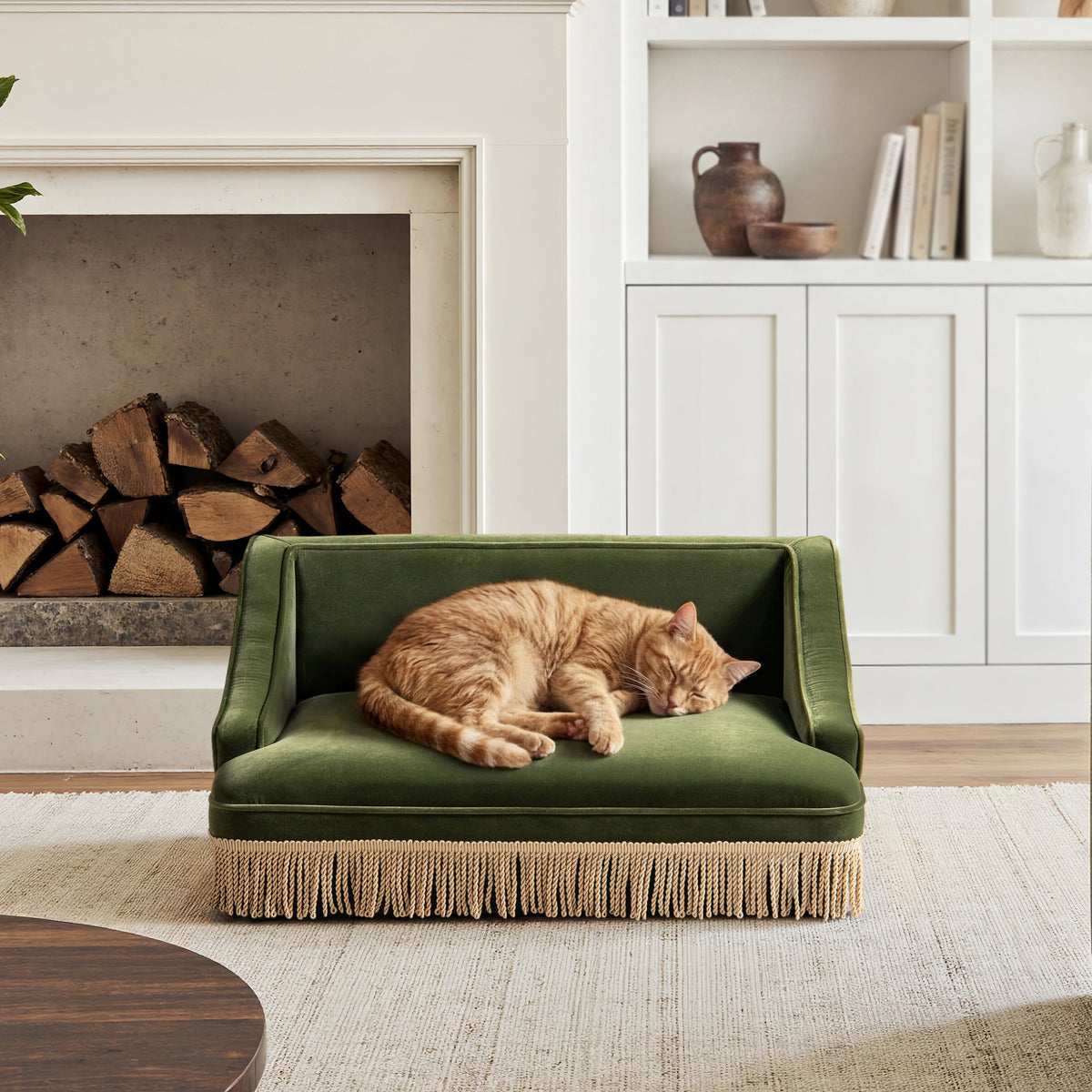 Olive Green Velvet Princess Pet Bed Sofa with Fringe Skirt - Medium